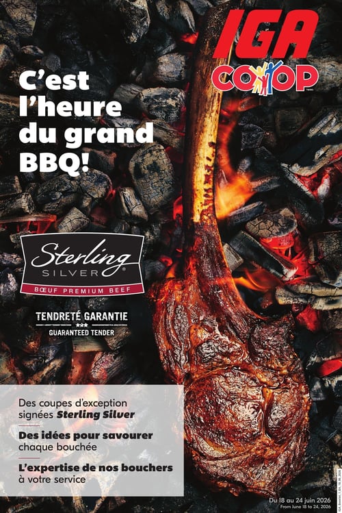 Circulaire IGA Coop Nouveau Brunswick - Page 1. La page titre annonce "C'est l'heure du grand BBQ!" et met en vedette une grande pièce de bœuf Sterling Silver, un steak tomahawk, en train de griller sur des charbons ardents. Le logo IGA Coop est visible en haut à droite. Le produit est identifié comme "Bœuf Premium" et la "Tendreté est garantie". Des textes promotionnels sur la gauche mentionnent "Des coupes d'exception signées Sterling Silver", "Des idées pour savourer chaque bouchée" et "L'expertise de nos bouchers à votre service". La période de validité, du 18 au 24 juin 2026, est indiquée en bas à droite.