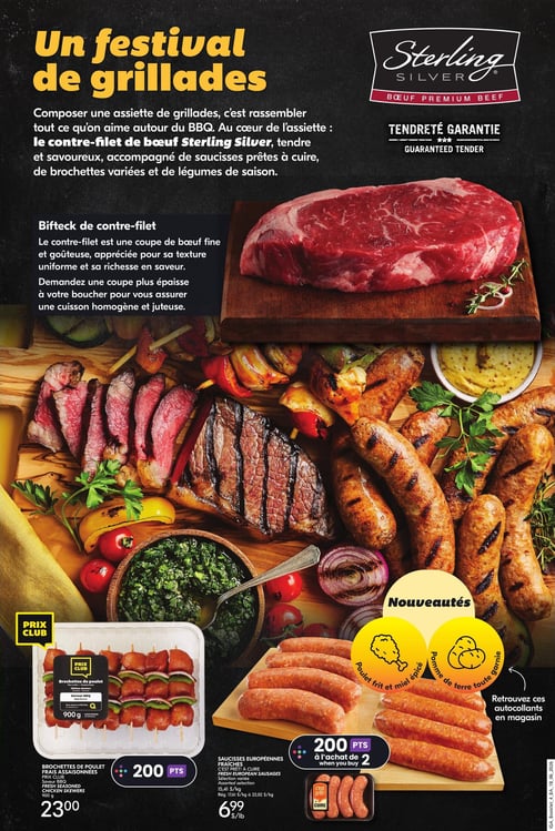 Circulaire IGA Coop Nouveau Brunswick - Page 4. La page est intitulée "Un festival de grillades" et met en vedette des produits pour le barbecue. En haut, une grande image présente un bifteck de contre-filet de bœuf Sterling Silver, avec la mention "Tendreté garantie". Le texte décrit le contre-filet comme une coupe de bœuf fine et goûteuse. La partie inférieure de la page montre une abondance de viandes grillées, incluant des steaks tranchés, des brochettes de légumes et de viande, ainsi que diverses saucisses, accompagnées de sauces et de légumes. Deux offres spécifiques sont présentées en bas : des brochettes de poulet frais assaisonnées saveur BBQ de 900 g pour 23,00 $ (Prix Club, 200 points), et des saucisses européennes fraîches à 6,99 $ la livre (200 points à l'achat de deux). Une section "Nouveautés" met en avant des autocollants à retrouver en magasin pour des saveurs comme "Poulet frit et miel épicé" et "Pomme de terre toute garnie".