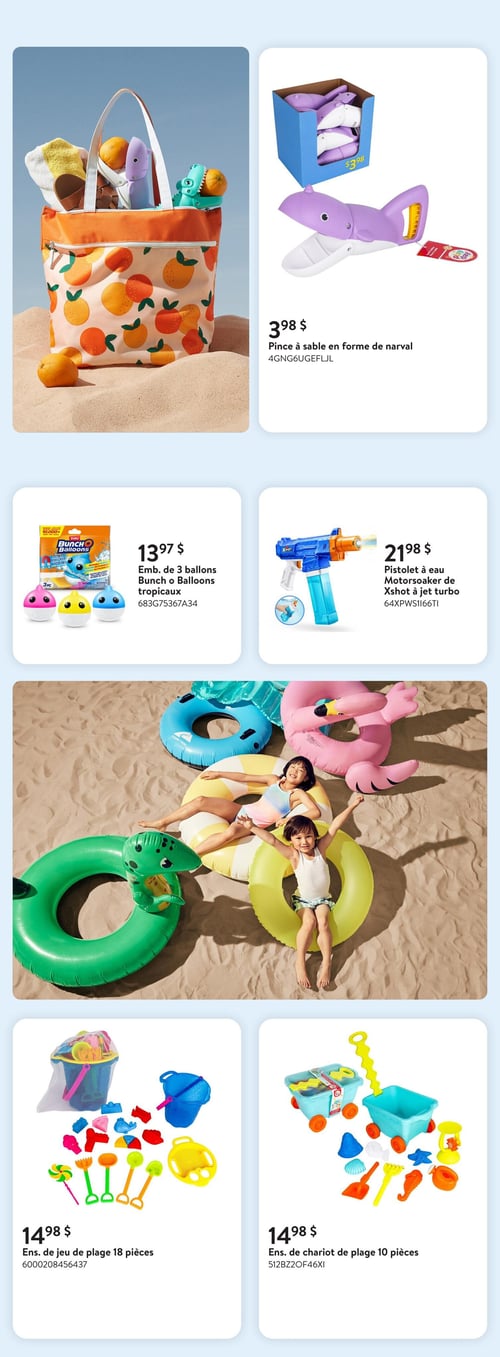 Circulaire Walmart - Page 7. La page présente des articles de plage et de jeux d'eau. On y voit une pince à sable en forme de narval à 3,98 $. Un emballage de 3 ballons Bunch O Balloons tropicaux est offert à 13,97 $. Un pistolet à eau Motorsoaker de X-Shot à jet turbo est disponible à 21,98 $. Deux ensembles de jouets de plage sont également présentés : un ensemble de 18 pièces à 14,98 $ et un ensemble de chariot de plage de 10 pièces, aussi à 14,98 $. Des photos d'ambiance montrent un sac de plage rempli d'articles et des enfants jouant avec des bouées gonflables sur le sable.