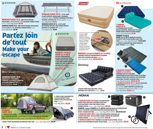 Circulaire Canadian Tire - Page 2. La page est intitulée "inspirations ÉTÉ". En haut à gauche, une grande photo montre une famille en camping au bord d'un lac avec une tente, un bateau gonflable, une glacière et une chaise de camping. À droite, un kayak à cockpit fermé Pelican de 10 pieds est offert avec un rabais de 210 $, pour 389,99 $ (prix régulier 599,99 $). Plus bas, une tondeuse sans balais EGO Power+ de 56 V et 21 pouces, avec batterie de 6 Ah et chargeur, est proposée avec un rabais de 80 $, pour 550,99 $ (prix régulier 630,99 $). En bas à gauche, une photo présente un aménagement de patio avec des meubles d'extérieur et un barbecue. En bas à droite, un barbecue au propane convertible Elite Master Chef à 4 brûleurs et brûleur latéral est en rabais de 130 $, pour 369,99 $ (prix régulier 499,99 $).