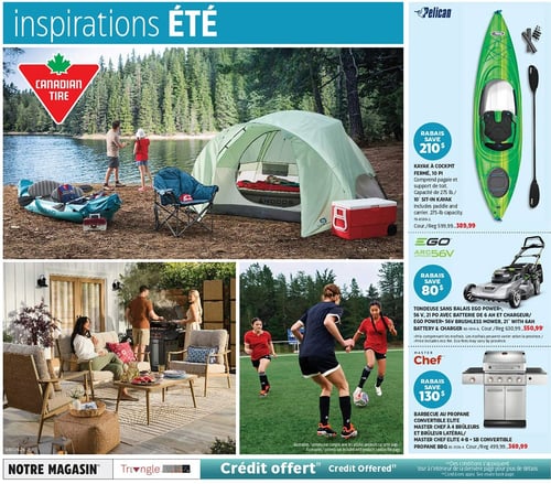 Circulaire Canadian Tire - Page 1. La page est intitulée "Inspiration Été" et présente divers articles de camping et d'extérieur. En haut à gauche, deux abris moustiquaires hexagonaux Woods sont offerts : le 17 pi x 15 pi x 17 pi à 181,99 $ (rabais de 75 $) et le 14 pi x 12 pi x 14 pi à 167,99 $ (rabais de 70 $). À côté, deux lits de camp sont en promotion : le pliant portable standard, capacité de 300 lb, à 69,99 $ (rabais de 30 %) et l'instantané très grand à 114,99 $ (rabais de 25 %). Au centre de la page, un grand slogan "Partez loin de tout. Make your escape." est affiché. Un matelas pneumatique double hauteur Woods, grand deux places ou une place avec pompe, est en rabais jusqu'à 45 $, variant de 109,99 $ à 134,99 $. Une tente Outbound pour 6 personnes est à 111,99 $ (rabais de 45 $). Sur la droite, plusieurs matelas pneumatiques Coleman sont en rabais jusqu'à 85 $, de 69,99 $ à 194,99 $. Des lits pneumatiques floqués Outbound, simples, grands deux places ou queen, sont à partir de 24,99 $ (rabais de 25 %). Des matelas pneumatiques pour enfants Outbound sont à partir de 14,99 $ (rabais jusqu'à 30 %). Des sacs de couchage Outbound confortables pour temps froid ou doubles sont en rabais jusqu'à 50 %, de 49,99 $ à 69,99 $. Un sac de couchage Outbound confortable, cote de température de 6 °C, gris ou bleu, est à 29,99 $ chacun (rabais de 50 %). Un canapé gonflable Bestway 5 en 1 est à 49,99 $ (rabais de 40 %). En bas à gauche, des tentes pour caisse de camion Napier Backroadz sont à 184,99 $ chacune (rabais de 50 $), avec un lien de tente Backroadz à 229,99 $. En bas à droite, des produits Noma sont présentés : un bloc d'alimentation River 3 Max Ecoflow 600/1200 W/572 Wh à 429,99 $ (rabais de 120 $), des blocs d'alimentation Delta 3 ou River 3 Ecoflow à partir de 499,99 $ (rabais jusqu'à 200 $), un bloc d'alimentation onduleur au lithium-ion Noma 1000 W à 649,99 $ (rabais de 350 $), et un panneau solaire pliable Noma 100 W à 199,99 $ (rabais de 100 $).