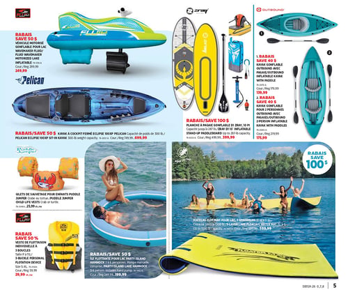 Circulaire Canadian Tire - Page 4. La page présente des articles de sports nautiques et de loisirs aquatiques. En haut à gauche, un véhicule motorisé gonflable Fluid Wavemaker est offert à 249,99 $, un rabais de 50 $. Juste en dessous, un kayak à cockpit fermé Pelican Eclipse 100XP d'une capacité de 300 lb est à 699,99 $, également avec un rabais de 50 $. En bas à gauche, des gilets de sauvetage pour enfants Puddle Jumper, motifs crabe ou tortue, sont à 25,99 $ chacun. À côté, une veste de flottaison individuelle Fluid à 3 boucles, tailles P à TG, est à 29,99 $ chacun, un rabais de 50 %. En haut à droite, une planche à pagaie gonflable Zray de 10 pi, capacité de 287 lb, est à 399,99 $, un rabais de 100 $. Deux kayaks gonflables Outbound sont également présentés : un modèle simple avec pagaie à 139,99 $ et un modèle pour 2 personnes avec pagaies à 175,99 $, chacun avec un rabais de 40 $. La partie inférieure droite de la page montre une grande photo de personnes sur un lac. On y voit une île flottante Party Island Hammock pour 3 à 6 personnes, incluant une pompe manuelle, à 199,99 $, un rabais de 50 $. Enfin, un matelas flottant pour lac Aqua Lily Pad de 3 épaisseurs, mesurant 15 pi x 6 pi et d'une capacité de 1300 lb, est à 599,99 $, un rabais de 100 $.