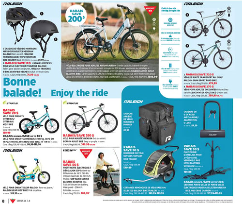 Circulaire Canadian Tire - Page 13. La page présente une variété de vélos et d'accessoires. En haut à gauche, deux casques de vélo de montagne MIPS Raleigh Meridian, noir ou vert, sont offerts à 74,99 $ chacun (rég. 84,99 $). Au centre, un vélo électrique pour adultes Anton Raleigh est en rabais de 200 $, maintenant à 1809,99 $ (rég. 2009,99 $). À droite, deux vélos de route Raleigh pour adultes sont affichés : le Gran Sport à 479,99 $ (rég. 799,99 $) avec un rabais de 320 $, et le Encounter à 389,99 $ (rég. 659,99 $) avec un rabais de 270 $. Au milieu de la page, un vélo pour enfants Stratus Jitterbug est en rabais de 20 $, à partir de 139,99 $ (rég. 159,99 $), avec des rabais allant jusqu'à 30 $ sur les modèles 14 ou 18 pouces, à partir de 99,99 $ (rég. 129,99 $). À côté, un vélo pour adultes Stratus Beacon est en rabais de 350 $, à 349,99 $ (rég. 699,99 $). Sur la droite, une sacoche arrière de vélo Raleigh est à 82,99 $ et un cadenas en U avec alarme est à 84,99 $. En bas à gauche, un vélo pour enfants Leap Raleigh, rose ou jaune, est à 189,99 $. Au centre, une trottinette électrique iZip Align est en rabais de 50 $, à 709,99 $ (rég. 759,99 $). En bas à droite, une remorque de vélo Odyssey est en rabais de 50 $, à 549,99 $ (rég. 599,99 $). Une plateforme d'attelage pour 2 vélos est à 199,99 $ (rég. 249,99 $). Enfin, des rabais jusqu'à 120 $ sont offerts sur certains porte-vélos et porte-vélos électriques Raleigh, à partir de 127,99 $ (rég. 159,99 $), ainsi que sur certaines remorques de vélo Raleigh, à partir de 249,99 $ (rég. 299,99 $).