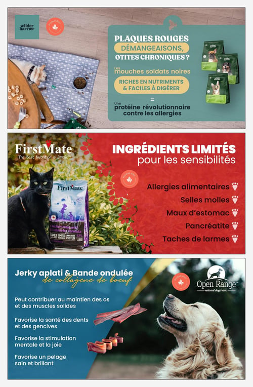Circulaire Animo etc - Page 7. La page est divisée en trois sections distinctes, chacune présentant une marque d'aliments ou de gâteries pour animaux. La mention "Produit d'ici" est présente dans chaque section. La première section, pour la marque Wilder Harrier, met en avant une protéine révolutionnaire à base de mouches soldats noires pour lutter contre les allergies, les plaques rouges, les démangeaisons et les otites chroniques. On y voit un bouledogue français sur un tapis, une gamelle de croquettes et trois sacs d'aliments pour chiens et chats. La deuxième section est dédiée à la marque FirstMate, qui propose des aliments à ingrédients limités pour les animaux ayant des sensibilités. Un chat noir est assis à côté d'un sac de croquettes FirstMate. Les problèmes ciblés incluent les allergies alimentaires, les selles molles, les maux d'estomac, la pancréatite et les taches de larmes. La troisième section présente les gâteries de collagène de bœuf Open Range, sous forme de jerky aplati et de bandes ondulées. Un golden retriever regarde vers le haut, avec les gâteries en gros plan. Ces gâteries contribuent au maintien des os et des muscles solides, favorisent la santé des dents et des gencives, la stimulation mentale et la joie, ainsi qu'un pelage sain et brillant.