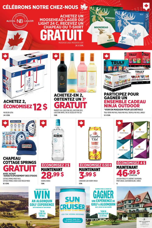 Circulaire Alcool NB - Page 1. Cette page met en vedette les économies sur les spiritueux. L'offre principale est sur le whisky canadien Crown Royal Fine de Luxe. Économisez 10 $ sur chaque bouteille, maintenant au prix de 50,79 $ pour 1,14 litre. Cette promotion se termine le 5 juillet. Un encadré invite à découvrir d'autres économies sur les spiritueux.