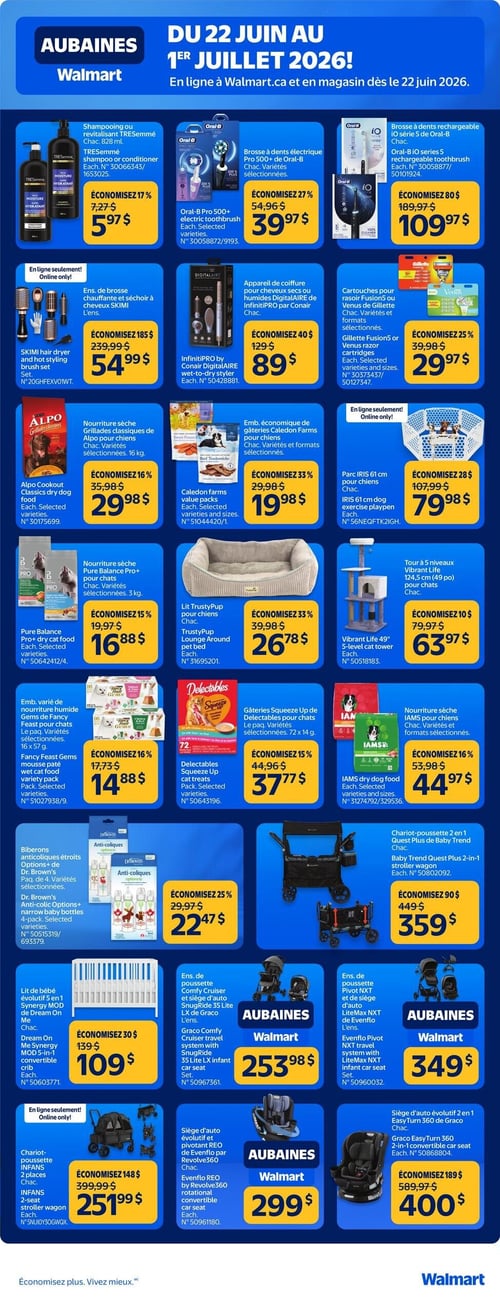Circulaire Walmart - Page 2. Offres valides du 22 juin au 1er juillet 2026. La page présente une variété d'aubaines sur des produits pour la maison, les animaux et les bébés. On y trouve du shampooing ou revitalisant TRESemmé de 828 ml à 5,97 $ (économisez 17 %), une brosse à dents électrique Pro 500+ de Oral-B à 39,97 $ (économisez 27 %), et une brosse à dents rechargeable iO série 5 de Oral-B à 109,97 $ (économisez 80 $). En ligne seulement, un ensemble de brosse chauffante et séchoir à cheveux SKIMI est à 54,99 $ (économisez 185 $). Un appareil de coiffure pour cheveux secs ou humides DigitalAIRE de InfinitiPRO par Conair est à 89 $ (économisez 40 $). Des cartouches pour rasoir Fusion5 ou Venus de Gillette sont à 29,97 $ (économisez 25 %). Également en ligne seulement, un parc IRIS de 61 cm pour chiens est à 79,98 $ (économisez 28 $). Pour les animaux, de la nourriture sèche Grillades classiques de Alpo pour chiens de 16 kg est à 29,98 $ (économisez 16 %), un emballage économique de gâteries Caledon Farms pour chiens est à 19,98 $ (économisez 33 %), de la nourriture sèche Pure Balance Pro+ pour chats de 3 kg est à 16,88 $ (économisez 15 %), un lit TrustyPup pour chiens est à 26,78 $ (économisez 33 %), un emballage varié de nourriture humide Gems de Fancy Feast pour chats de 16 x 57 g est à 14,88 $ (économisez 16 %), des gâteries Squeeze Up de Delectables pour chats de 72 x 14 g sont à 37,77 $ (économisez 15 %), de la nourriture sèche IAMS pour chiens est à 44,97 $ (économisez 16 %), et une tour à 5 niveaux Vibrant Life de 124,5 cm (49 po) pour chats est à 63,97 $ (économisez 10 $). Pour bébés, des biberons anti-coliques étroits Options+ de Dr. Brown's en paquet de 4 sont à 22,47 $ (économisez 25 $). Un chariot-poussette 2 en 1 Quest Plus de Baby Trend est à 359 $ (économisez 90 $). Un lit de bébé évolutif 5 en 1 Synergy MOD de Dream On est à 109 $ (économisez 30 $). Un ensemble de poussette Comfy Cruiser et siège d'auto SnugRide 35 Lite LX de Graco est à 253,98 $. Un ensemble de poussette Pivot NXT et de siège d'auto LiteMax NXT de Evenflo est à 349 $. En ligne seulement, un chariot-poussette INFANS 2 places est à 251,99 $ (économisez 148 $). Un siège d'auto évolutif et pivotant REO de Evenflo par Revolve360 est à 299 $. Enfin, un siège d'auto évolutif 2 en 1 EasyTurn 360 de Graco est à 400 $ (économisez 189 $).