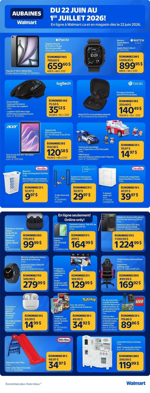 Circulaire Walmart - Page 4. La page présente des aubaines sur l'électronique, des articles ménagers et des jouets. En haut, la tablette iPad Air Wi-Fi 28 cm (11 po) 128 Go à puce M4 est à 659,60 $ (économisez 140 $), et la montre Apple Watch Ultra 3 est à 899,95 $ (économisez 200 $). On trouve aussi la souris de jeu haute performance G502 Hero de Logitech à 35,53 $ (économisez 40 $) et les écouteurs-boutons sans fil Beats Fit Pro à 140,49 $ (économisez 110 $). La tablette HD A10 Iconia de Acer 25,7 cm (10,1 po) 4 Go/32 Go est offerte à 120,58 $ (économisez 30 $), et un véhicule de sauvetage La Pat' Patrouille avec 2 figurines est à 14,97 $ (économisez 25 %). Pour la maison, une manne à linge rectangulaire Sterilite est à 9,97 $ (économisez 23 %), un support à chaussures Mainstays à 4 tablettes est à 29,97 $ (économisez 25 %), et un chariot de rangement large Sterilite à 3 tiroirs est à 39,97 $ (économisez 16 %). La section "En ligne seulement!" inclut les écouteurs-boutons Samsung Galaxy Buds3 FE à 99,99 $ (économisez 80 $), la tablette Galaxy Tab A11 de Samsung 64 Go à 164,99 $ (économisez 21 %), le téléphone déverrouillé Galaxy S25 Ultra de Samsung 256 Go à 1224,99 $ (économisez 375 $), la montre intelligente Galaxy Watch8 de Samsung à 279,99 $ (économisez 70 $), un projecteur intelligent à applications intégrées à 129,99 $ (économisez 23 %), et une chaise de jeu ergonomique à 169,92 $ (économisez 330 $). Enfin, pour les enfants, des écouteurs-boutons sans fil Bluetooth Grundig sont à 14,99 $ (économisez 55 $), des ensembles de cartes à collectionner Pokémon sont à 34,92 $ (économisez 30 $), des ensembles de construction LEGO (Le droïde de sécurité K-250 Star Wars ou Les maisons créatives Animal Crossing) sont à 89,86 $ (économisez 25 %), une glissoire Little Tikes est à 34,97 $ (économisez 30 %), et une cuisinette de jeu Costway est à 119,99 $ (économisez 280 $).