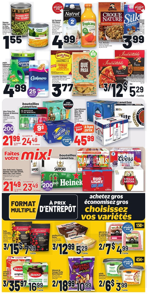 Circulaire Metro - Page 3. La page présente des offres variées, organisées en sections distinctes. En haut, les légumes en conserve Le Sieur pois tendres ou Green Giant maïs sont à 1,55 $. Le lait fin filtré Natrel 2 L ou la boisson réfrigérée Tropicana 1,36 L sont à 4,99 $. Les céréales Quaker Croque Nature ou Post Weetabix, ainsi que la boisson d'amande Silk, sont à 3,99 $. Au centre, les produits d'entretien Sponge Towels ou Gain, et le papier hygiénique Cashmere, sont à 4,99 $. Les croustilles Que Pasa ou l'ensemble à tacos Old El Paso sont à 3,77 $. Les pizzas Irrésistible Gusto Italiano ou Double Pepperoni sont offertes à 3 pour 12 $ ou 5,29 $ l'unité. Une section "bouteilles canettes" propose la bière Flying Fish ou Brasseur de Montréal édition estivale à 21,99 $ à l'achat de 2, ou 24,49 $ la caisse, avec 200 points bonis. Les bières Labatt Michelob Ultra, Molson Miller Lite ou Sleeman Clear 2.0 (30 canettes) sont à 45,99 $. Une offre "Faites votre mix!" inclut les bières Stella Artois, Sapporo, Heineken, Bud Light Chelada, White Claw ou Coors Seltzer à 21,49 $ à l'achat de 2, ou 23,49 $ la caisse, avec 200 points bonis. La section "Format Multiple à prix d'entrepôt" en bas de page offre les fruits Irrésistible (mangue, petits fruits mélangés) à 3 pour 15 $ ou 7,29 $ l'unité. Le pouding de soya Belsoy est à 3 pour 12,99 $ ou 5,29 $ l'unité. Le pâté de foie ou de campagne La Belle Bretagne est à 2 pour 7 $ ou 4,99 $ l'unité. Les substituts de repas Boost (original, chocolat) sont à 3 pour 35,97 $ ou 16,99 $ l'unité. Les bâtonnets de fromage Ficello Cheestrings sont à 2 pour 18,99 $ ou 10,99 $ l'unité. Enfin, les salades Selection (crémeuse, macaroni) sont à 2 pour 6 $ ou 3,99 $ l'unité.