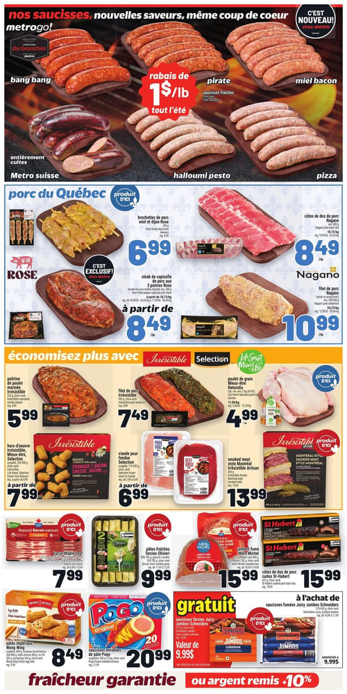 Circulaire Metro - Page 8. La page met en vedette une promotion sur les saucisses fraîches Metrogo de la collection du boucher, avec un rabais de 1 $ la livre tout l'été. Les saveurs incluent bang bang, pirate, miel bacon, Metro suisse (entièrement cuites), halloumi pesto et pizza. La section "Porc du Québec" présente des produits d'ici : les brochettes de porc miel et dijon Rose de 320 grammes à 6,99 $; les côtes de dos de porc Nagano d'environ 800 grammes à 8,49 $ la livre; le steak de capicolle de porc aux 3 poivres Rose d'environ 200 grammes, exclusif chez Metro, à partir de 8,49 $ la livre; et le filet de porc Nagano, nature ou assaisonné, d'environ 450 à 550 grammes, à 10,99 $ la livre. Dans la section "Économisez plus", on trouve : la poitrine de poulet marinée Irrésistible de 225 grammes à 5,99 $; le filet de porc Irrésistible de 550 grammes à 7,49 $; les hors-d'œuvre surgelés Irrésistible, Life Smart ou Selection de 228 à 500 grammes, à partir de 7,99 $; la viande pour fondue Selection surgelée de 175 à 350 grammes, à partir de 6,99 $; le poulet de grain Mieux-être Naturalia d'environ 2 kg à 4,99 $ la livre; et le smoked meat style Montréal Irrésistible Artisan de 400 grammes à 13,99 $. En bas de page, on trouve : le bacon Maple Leaf Naturel de 375 grammes à 7,99 $; les pâtes fraîches farcies Olivieri de 500 à 700 grammes ou gnocchis à poêler de 520 à 770 grammes à 9,99 $; le jambon fumé Mère Michel de 800 grammes ou 700 grammes à 15,99 $; les côtes de dos de porc cuites St-Hubert de 625 grammes à 15,99 $; les pâtés impériaux Wong Wing surgelés de 360 à 680 grammes à 8,49 $; les saucisses enrobées de pâte Poco Original surgelées de 960 grammes ou 1,5 kg à 20,99 $; et un paquet de saucisses fumées Juicy Jumbos Schneiders de 375 à 450 grammes offert gratuitement à l'achat d'un produit Schneiders Jumbos, d'une valeur de 9,99 $.