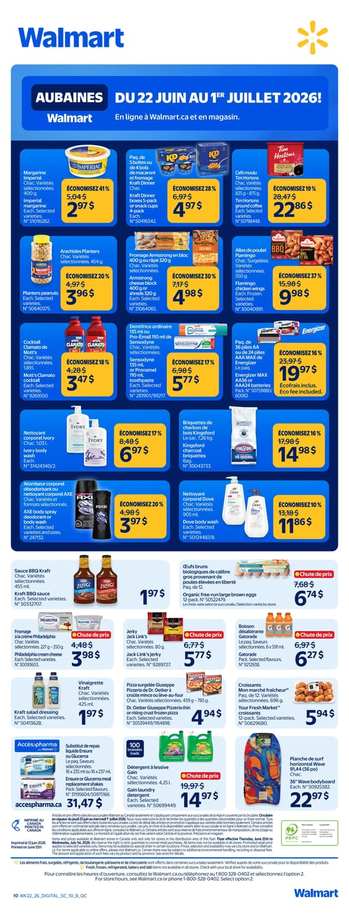 Circulaire Walmart - Page 12. La page présente des aubaines valides du 22 juin au 1er juillet 2026. En haut, la margarine Imperial de 400 g est à 2,97 $, économisez 41 %. Le paquet de 5 boîtes ou 4 bols de macaroni et fromage Kraft Dinner est à 4,97 $, économisez 28 %. Le café moulu Tim Hortons, variétés sélectionnées, 825 g à 875 g, est à 22,86 $, économisez 19 %. Les arachides Planters, variétés sélectionnées, 454 g, sont à 3,96 $, économisez 20 %. Le fromage Armstrong en bloc de 400 g ou râpé de 320 g, variétés sélectionnées, est à 4,98 $, économisez 30 %. Les ailes de poulet Flamingo, surgelées, variétés sélectionnées, 550 g, sont à 9,98 $, économisez 37 %. Le cocktail Clamato de Mott's, variétés sélectionnées, 1,89 L, est à 3,47 $, économisez 18 %. Le dentifrice Sensodyne 135 ml ou Pronamel 110 ml, variétés sélectionnées, est à 5,77 $, économisez 17 %. Le paquet de 36 piles AA ou 24 piles AAA MAX de Energizer est à 19,97 $, économisez 16 %, écofrais inclus. Le nettoyant corporel Ivory de 1,03 L est à 6,97 $, économisez 17 %. Les briquettes de charbon de bois Kingsford de 7,26 kg sont à 14,98 $, économisez 16 %. L'atomiseur corporel désodorisant ou nettoyant corporel AXE, variétés et formats sélectionnés, est à 3,97 $, économisez 20 %. Le nettoyant corporel Dove, variétés sélectionnées, 905 ml, est à 11,86 $, économisez 10 %. Plus bas, la sauce BBQ Kraft, variétés sélectionnées, 455 ml, est à 1,97 $. Les œufs bruns biologiques de calibre gros, paquet de 12, sont à 6,74 $, une chute de prix. Le fromage à la crème Philadelphia, variétés sélectionnées, 227 g à 250 g, est à 3,98 $, une chute de prix. Le jerky Jack Link's, variétés sélectionnées, 80 g, est à 5,77 $, une chute de prix. La boisson désaltérante Gatorade, paquet de 6 x 591 ml, saveurs sélectionnées, est à 6,27 $, une chute de prix. La vinaigrette Kraft, variétés sélectionnées, 425 ml, est à 1,97 $. La pizza surgelée Giuseppe Pizzeria, croûte mince ou lève-au-four, variétés sélectionnées, 439 g à 785 g, est à 4,94 $. Les croissants Mon marché fraîcheur, paquet de 12, variétés sélectionnées, 696 g, sont à 5,94 $. Dans la section Accès Pharma, le substitut de repas liquide Ensure ou Glucerna, paquet de 16 x 235 ml ou 16 x 237 ml, saveurs sélectionnées, est à 31,47 $. Le détergent à lessive Gain, variétés sélectionnées, 4,25 L pour 100 brassées, est à 14,97 $, une chute de prix. Enfin, une planche de surf horizontale Wave de 91,44 cm (36 po) est à 22,97 $.