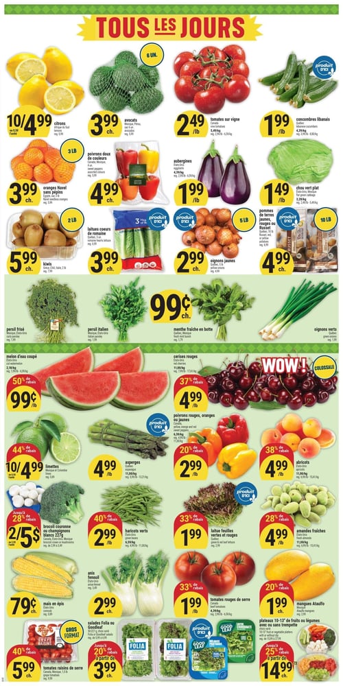 Circulaire Adonis - Page 2. La page est intitulée "TOUS LES JOURS" et présente une variété de fruits et légumes frais. On y trouve des citrons d'Afrique du Sud à 10 pour 4,99 $ ou 0,50 $ l'unité, des avocats du Mexique ou Pérou en sac de 6 unités à 3,99 $, des tomates sur vigne du Canada à 2,49 $ la livre et des concombres libanais du Québec à 1,99 $ la livre. Des oranges Navel sans pépins d'Égypte en sac de 3 livres sont offertes à 3,99 $, des poivrons doux de couleurs du Canada ou Mexique en 4 unités à 4,99 $, des aubergines des États-Unis à 1,99 $ la livre et du chou vert plat des États-Unis ou Mexique à 1,49 $ la livre. Des kiwis de Grèce, Chili ou Italie en 2 livres sont à 5,99 $, des laitues coeurs de romaine du Québec en 3 unités à 3,99 $, des oignons jaunes du Québec en sac de 5 livres à 2,99 $ et des pommes de terre jaunes, rouges ou Russet du Québec en sac de 10 livres à 4,99 $. Pour les fines herbes, le persil frisé, le persil italien, la menthe fraîche en botte et les oignons verts, tous du Mexique, des États-Unis ou du Québec, sont à 99 ¢ chacun. Une offre "WOW! COLOSSALE" présente du melon d'eau coupé des États-Unis à 99 ¢ la livre (50 % de rabais) et des cerises rouges des États-Unis à 4,99 $ la livre (37 % de rabais). Des limettes du Mexique ou Colombie sont à 10 pour 4,99 $ ou 0,50 $ l'unité (44 % de rabais), des asperges du Québec à 4,99 $ la livre, des poivrons rouges, oranges ou jaunes du Canada à 2,99 $ la livre (20 % de rabais) et des abricots des États-Unis à 4,99 $ la livre (38 % de rabais). Le brocoli couronne ou les champignons blancs du Canada, des États-Unis ou du Mexique sont à 2 pour 5 $ ou 2,50 $ l'unité (jusqu'à 28 % de rabais). Des haricots verts des États-Unis sont à 2,99 $ la livre (40 % de rabais), de la laitue feuilles vertes et rouges du Québec à 1,99 $ la livre (33 % de rabais) et des amandes fraîches des États-Unis à 4,99 $ la livre (28 % de rabais). Le maïs en épis des États-Unis est à 79 ¢, l'anis fenouil des États-Unis à 2,99 $, les tomates rouges de serre du Canada à 1,99 $ la livre (33 % de rabais) et les mangues Ataulfo du Mexique à 1,99 $ la livre (20 % de rabais). Enfin, des tomates raisins de serre du Canada en format de 1,5 livres sont à 5,99 $ (40 % de rabais), les salades Folia ou Goodleaf (50-227 g) sont à 3,99 $ (jusqu'à 20 % de rabais) et des plateaux de 10-13" de fruits ou légumes avec ou sans trempette sont offerts à partir de 14,99 $ (jusqu'à 25 % de rabais).