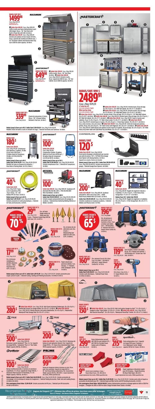 Circulaire Canadian Tire - Page 13. La page présente une variété d'outils, d'équipements de garage et d'accessoires. En haut à gauche, un coffre à outils Maximum de 56 po avec barre d'alimentation USB intégrée et une armoire à outils 56 po sont offerts à 1499,98 $. Un ensemble coffre et armoire à outils Mastercraft de 36 po est à 649,98 $. Un chariot de mécanicien Maximum à 5 tiroirs, 30 po, est à 339,99 $. En haut à droite, un ensemble d'organisation de garage Mastercraft de 8 pièces (incluant armoires, établis et accessoires) est à 2489,91 $. Au centre gauche, un compresseur d'air Maximum de 15 gallons est à 180 $. Un compresseur d'atelier Mastercraft de 10 gallons est à 100 $. Un ouvre-porte de garage Chamberlain est à 120 $. Un dévidoir de tuyau Mastercraft est en rabais de 40 %. Une soudeuse MIG-Pak Lincoln Electric est à 100 $. Une soudeuse multiprocédé Maximum est à 200 $. Un support de rangement robuste Maximum à 4 tablettes est en rabais de 40 %. Au centre de la page, des rabais jusqu'à 70 % sont offerts sur les accessoires Mastercraft, incluant un ensemble de 5 forets étagés à 29,99 $, un ensemble de 32 lames de scie alternative à 21,99 $, un ensemble de brosses métalliques et lamelles abrasives à 17,99 $, et du papier abrasif pour ponceuse orbitale, 50 paquets, à 9,99 $. Des rabais jusqu'à 65 $ sont offerts sur les outils électriques Mastercraft, comme un ensemble perceuse et clé à chocs 20 V à 196,99 $, un autre ensemble perceuse et clé à chocs 20 V à 160,99 $, une scie circulaire 20 V à 119,99 $, et une clé à chocs 20 V à 79,99 $. En bas de page, un abri d'auto instantané ShelterLogic 10 x 20 pi est à 280 $. Une remise étanche ShelterLogic 10 x 8 pi est à 130 $. Une remorque à parois galvanisées Stirling est à 300 $. Une remorque de bateau galvanisée Stirling est à 200 $. Une rampe multifonctionnelle CargoMaster est à 100 $. Des rampes de chargement Prome sont à 99,99 $. Une station d'alimentation portable Energizer est à 299,99 $. Un porte-embarcations SportRack 4 en 1 est à 215,99 $. Une cale de roue True North en plastique est à 9,99 $. Du papier hygiénique à dissolution rapide Scott est à 9,99 $. Le bas de page mentionne le programme Récompenses Triangle et des informations légales.