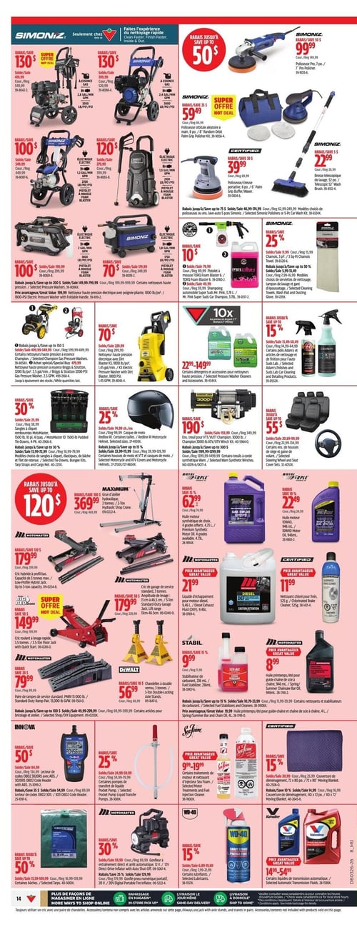 Circulaire Canadian Tire - Page 14. La page est dédiée aux produits d'entretien automobile et d'atelier, avec de nombreux rabais. La section supérieure met en vedette les nettoyeurs haute pression Simoniz, incluant des modèles à essence de 3000 lb/po² avec 130 $ de rabais, et des modèles électriques de 2700 lb/po² avec 100 $ de rabais. On y trouve aussi des polisseuses orbitales, comme celle de 8 po à 59,49 $ (rabais de 25 $), et une de 6 po à 39,99 $ (rabais de 30 $). Une brosse télescopique de lavage est à 22,99 $ (rabais de 5 $). Des trousses de lavage de voiture Simoniz et des nettoyants haute pression sont offerts avec des rabais allant jusqu'à 75 $. Des pistolets à mousse TORQ Foam Blaster sont à 10 $ de rabais et des shampoings automobiles Super Suds sont disponibles. Des chamois de 3 pi² sont à 25 % de rabais et des trousses de nettoyage de l'intérieur sont aussi en promotion. Plus bas, des nettoyeurs haute pression Champion sont offerts avec des rabais allant jusqu'à 150 $. Des sangles à cliquet Motomaster de 1500 lb sont à 30 % de rabais, et des casques de moto Redline à 25 % de rabais. Des détergents et accessoires pour nettoyeurs haute pression sont à partir de 14,99 $. Des produits de nettoyage et de finition Adam's Polishes et Suds Lab sont offerts avec jusqu'à 15 % de rabais. Des treuils pour VTT/UTV Champion 3000 lb sont à 190 $ de rabais. Des housses de siège et de volant sont à 55 $ de rabais. La section atelier propose un lève-moteur hydraulique Maximum de 2 tonnes à 369,99 $ (rabais de 100 $). Des crics hybrides à profil bas Motomaster de 3 tonnes sont à 179,99 $ (rabais de 120 $). Des crics roulants à levage rapide Big Red Jacks de 3,5 tonnes sont à 149,99 $ (rabais de 50 $). Des crics de garage de service Motomaster de 3 tonnes sont à 179,99 $ (rabais de 50 $). Des chandelles à double verrou DeWalt de 3 tonnes sont à 56,99 $ (rabais de 10 $). Des paires de rampes de service Motomaster de 13 000 lb sont à 79,99 $ (rabais de 20 $). Pour les liquides et additifs, des huiles moteur synthétiques Royal Purple 5W-30 de 4,73 L sont à 62,99 $ (rabais de 15 %) et 10W-40 de 946 ml à 22,49 $ (rabais de 10 %). Du liquide d'échappement pour moteur diesel de 9,46 L est à 21,99 $. Du nettoyant chloré pour frein de 525 g est à 11,99 $. Du stabilisateur de carburant Sta-Bil de 236 ml est à 9,99 $ (rabais de 15 %). De l'huile printemps/été pour guide-chaîne Motomaster de 946 ml est à 8,99 $. Des lecteurs de codes OBD2 Innova sont à partir de 50 $ de rabais. Des pompes manuelles de transfert de liquide sont à 25 % de rabais. Des traitements de moteur et nettoyants d'injecteur Sea Foam sont à partir de 9,99 $. Des gonfleurs à entraînement direct Motomaster sont à 30 % de rabais et des gonfleurs-pneus numériques portatifs sont à 25 % de rabais. Des lubrifiants WD-40 sont à 15 % de rabais. Des couvertures de déménagement sont à 15 % de rabais. Des liquides de transmission automatique Valvoline sont à partir de 14,99 $. Des bâches sont à 50 % de rabais.