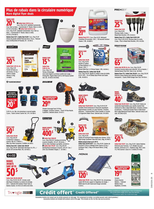 Circulaire Canadian Tire - Page 28. La page présente des rabais supplémentaires disponibles dans la circulaire numérique. On y trouve des jardinières Summerside GardenClub de 21 po à 27,99 $ et de 14 po à 23,99 $, avec 20 % de rabais. Un oiseau de paradis artificiel Naturae Decor de 45 po est à 39,99 $, soit 50 % de rabais. Le nettoyant d'extérieur 30 Seconds de 3,78 L est à 21,99 $. Des pinceaux plats et angulaires Premier sont offerts, un paquet de 5 à 13,99 $ (25 % de rabais) et un paquet de 3 à partir de 8,99 $ (35 % de rabais). Des trousses d'époxy pour plancher Rust-Oleum sont à 167,99 $ (65 $ de rabais) et une peinture à base d'époxy transparente à 254,99 $ (75 $ de rabais). Le fumier de mouton ou de bovin GardenClub de 12,5 kg est à 3,50 $ (20 % de rabais). Le terreau d'empotage Golfgreen de 25 L est à 5,00 $ (15 % de rabais). L'apprêt et scellant au latex Zinsser Bulls-Eye 1-2-3 de 3,78 L est à 44,99 $ (5 $ de rabais), et l'apprêt et scellant à base de shellac de 3,78 L est à 119,99 $ (10 $ de rabais). Un nécessaire de connecteurs à raccord rapide Yardworks de 5 pièces est offert à 2 pour 20 $. Un pistolet d'arrosage Dramm Touch 'N Flow est à 29,99 $. Des sandales Shore Outbound ou chaussures aquatiques Crosskix 2.0 pour hommes sont à partir de 39,99 $ (jusqu'à 30 % de rabais). Des bottes de randonnée imperméables Granite Peak ou Eddie Bauer pour adultes sont à partir de 59,99 $ (jusqu'à 40 % de rabais). Un compacteur à plaque à essence Champion est à 579,99 $ (50 $ de rabais). Une bétonnière électrique Champion de 115 L est à 449,99 $ (80 $ de rabais). Une fendeuse de bûches Champion de 28 tonnes est à 1508,99 $ et une déchiqueteuse-broyeuse à essence Champion est à 779,99 $ (jusqu'à 400 $ de rabais sur les deux). Des graines de tournesol haute énergie Armstrong de 1,8 kg sont à 14,99 $ (20 % de rabais). Des graines de tournesol Armstrong de 5,9 kg ou un mélange toutes saisons de 22,6 kg sont à partir de 29,99 $ (jusqu'à 40 % de rabais). Des sabots Realtree Yukon Gear pour hommes ou femmes sont à 19,99 $ (50 % de rabais). Certains outils électriques d'extérieur ou stations de recharge PWR POD Yardworks 20 V sont à partir de 140,99 $ (jusqu'à 50 $ de rabais). Un ensemble de panneau solaire Noma 100 W avec support et régulateur de charge est à 179,99 $ (120 $ de rabais). Enfin, certains chasse-insectes Watkins Great Outdoors sont à 19,99 $.