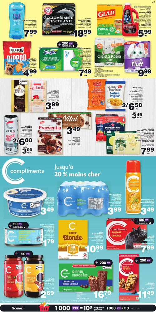 Circulaire Les Marchés Tradition - Page 6. La page présente une variété de produits. En haut à gauche, l'antisudorifique Secret Outlast est à 7,99 $. À côté, la litière agglomérante et scellante Arm & Hammer de 9,1 kg est à 18,99 $. Au centre, les sacs à compostage Glad de 10 unités sont à 5,99 $, et le débouche-conduits Drano Max Gel est aussi à 5,99 $. En dessous, les biscuits pour chiens Milk-Bone Dipped sont à 4,99 $. Les linges humides Swiffer, recharges de 12 ou 16, sont à 7,49 $ avec 200 points bonis à l'achat de deux. Les essuie-tout Cascades Tuff (6 rouleaux) ou le papier hygiénique Cascades Fluff (12 rouleaux) sont à 9,99 $. Plus bas, les chocolats Ferrero Rocher ou Raffaello de 150 g à 200 g sont à 3,99 $. La boisson énergisante Celsius de 355 ml est offerte à 2 pour 6,00 $ ou 3,00 $ chacun. Les biscuits Leclerc Vital ou Praeventia de 210 g à 280 g sont à 3,49 $. Les grignotines Yum Yum (200 g à 300 g) sont à 2 pour 6,50 $ ou 3,49 $ chacune. L'eau de source naturelle gazéifiée Maison Perrier (8 x 330 ml) ou la boisson pétillante italienne San Pellegrino (8 x 330 ml) sont à 7,99 $. La section "Compliments" offre jusqu'à 20 % de rabais. Le fromage à la crème Compliments de 227 g est à 3,49 $. L'eau de source naturelle Compliments (24 x 500 ml) est à 3,99 $. L'enduit végétal Compliments est à 3,49 $. Le thon pâle émietté Compliments de 170 g est à 1,79 $ avec 50 points bonis à l'achat de deux. La bière sans alcool Compliments Lager Blonde (12 x 355 ml) est à 10,99 $. Les sacs à ordures Compliments (48 ou 74 unités) sont à 7,99 $ avec 100 points bonis à l'achat de deux. Les sauces ou trempettes Compliments de 350 ml sont à 2,69 $. Les barres Compliments Dipped enrobées de 1240 g sont à 16,79 $ avec 200 points bonis. Enfin, les barres Compliments Chewy tendres de 1256 g sont à 11,49 $ avec 200 points bonis.