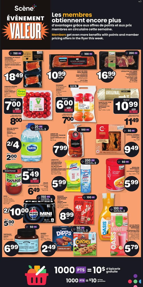 Circulaire Les Marchés Tradition - Page 7. La page met en vedette l'« Événement Valeur » où les membres obtiennent plus d'avantages. On y trouve les poitrines de poulet surgelées Votre Boucher, cordons bleus farcis de jambon et fromage, 340 g, à 18,49 $ (rég. 18,99 $), avec 150 points. Le filet de porc frais mariné duBreton, sélection variée, est à 10,99 $ la livre (24,23 $/kg, rég. 27,99 $ à 28,99 $/kg), avec 100 points. Les côtelettes d'agneau assaisonnées Votre Boucher, longe ou épaule, sont à 16,99 $ la livre (37,46 $/kg, rég. 37,99 $/kg), avec 200 points. Les tomates raisins Gen V, gros format, 680 g, sont à 7,00 $ prix membre (8,00 $ sans carte Scène, rég. 10,00 $). Les poivrons, 2,5 livres, sont à 6,00 $ prix membre (7,00 $ sans carte Scène, rég. 8,00 $). La rosette de Lyon ou chorizo Le Sauciflard, 300 g, est à 10,99 $ prix membre (11,49 $ sans carte Scène, rég. 11,99 $ à 12,99 $). L'eau de source naturelle Naya, 4 litres, est à 2 pour 4,00 $ ou 2,00 $ l'unité (rég. 2,49 $), avec 20 points à l'achat de 2. Le lingot de croissant tranché Au Pain Doré, 425 g, est à 7,99 $ (rég. 8,29 $), avec 100 points. Le gâteau crumble Compliments, framboises, 465 g, est à 9,49 $ (rég. 9,99 $), avec 50 points. La salsa Tostitos, grand format, douce, moyenne ou piquante, est à 5,49 $ prix membre (6,49 $ sans carte Scène, ou 645 ml, rég. 6,79 $). Les lingettes ou vaporisateur désinfectant Lysol, sélection variée, 80 ou 35 unités ou 950 ml, sont à 5,99 $ +tx (rég. 6,99 $ à 8,49 $), avec 200 points à l'achat de 2. Le bouillon déshydraté Loney's, poulet, 400 g, est à 5,99 $ (rég. 7,49 $ à 7,79 $), avec 60 points. Le Pepsi Mini, sélection variée, 6 canettes de 222 ml, est à 2 pour 10,00 $ +tx ou 5,00 $ l'unité (dépôt cans, rég. 6,49 $), avec 150 points à l'achat de 2. La boisson énergisante biologique Guru, sélection variée, 4 canettes de 250 ml, est à 8,99 $ +tx (dépôt cans, rég. 9,99 $ à 10,49 $), avec 100 points. Le jus de fruits ou smoothie Oasis, réfrigéré, sélection variée, 1,5 litre ou 1,6 litre, bouteille consignée, est à 5,79 $ (rég. 6,79 $ à 7,79 $), avec 100 points à l'achat de 2. La tartinade Stefano, noisettes cacao, 375 g, est à 6,99 $ (rég. 8,99 $ à 9,49 $), avec 50 points. Les barres Quaker Dipps ou Chewy, sélection variée, 5 barres ou 156 g, sont à 2,49 $ +tx (rég. 3,79 $ à 4,19 $), avec 50 points à l'achat de 2. En bas de page, une offre indique que 1000 points équivalent à 10 $ d'épicerie gratuite.