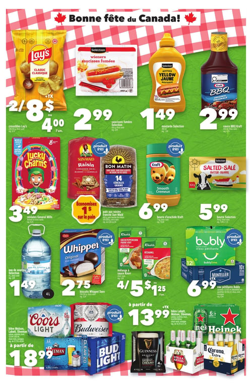 Circulaire Marché AMI - Page 2. La page célèbre la "Bonne fête du Canada!" sur un fond à carreaux rouges et blancs. En haut, on trouve des croustilles Lay's Classique de 220-235 g à 2 pour 8 $ ou 4 $ l'unité. À côté, des saucisses fumées Selection de 450 g à 2,99 $. Suivent une moutarde jaune Selection de 400 ml à 1,49 $ et une sauce BBQ Kraft Originale de 455 ml à 2,99 $.

Au centre, des céréales General Mills de 300-430 g, formats et choix variés, sont offertes à 3,49 $. Une promotion permet d'économiser 1 $ sur le pain, incluant le pain aux raisins Sun-Maid de 450 g et le pain tranché Bon Matin 14 Céréales Grains de 595-600 g. Un beurre d'arachide crémeux Kraft de 1 kg est à 6,99 $, et un beurre salé Selection de 454 g est à 5,99 $.

Plus bas, une eau de source Selection de 4 L est à 1,49 $. Des biscuits Whippet Dare Original de 250-285 g sont à 2,75 $. Des mélanges à sauce Knorr (poivre vert ou béchamel) de 47 g sont à 4 pour 5 $ ou 1,25 $ l'unité. Des canettes d'eau pétillante Bubly de 12 x 355 ml ou d'eau gazéifiée Montellier de 10 x 355 ml, choix variés, sont à 6,99 $.

En bas de page, une sélection de bières Molson, Labatt et Sleeman en caisses, canettes ou bouteilles de 12 x 341-355 ml, incluant Coors Light, Budweiser, Sleeman Clear 2.0 et Bud Light, est offerte à partir de 18,99 $ (consigne en sus). Une autre offre pour les bières Labatt, Molson et Sleeman en caisses, canettes ou bouteilles de 4/6 x 330-500 ml, incluant Heineken, Stella Artois, Corona Extra et Guinness Draught, est à partir de 13,99 $ (consigne en sus).