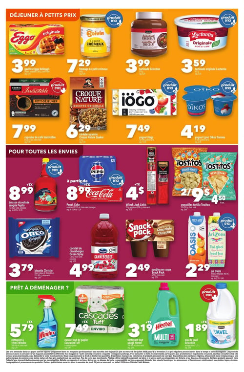 Circulaire Marché AMI - Page 5. La page est divisée en trois sections thématiques. La première section, "DÉJEUNER À PETITS PRIX", présente : les gaufres Eggo Kellogg's, 280 g, choix varié, à 3,99 $; le fromage Le Petit crémeux Boivin, 400 g, à 7,29 $; la tartinade noisettes et chocolat Selection, 375 g, à 3,99 $; la tartinade originale Lactantia, 427 g, à 3,59 $; les capsules de café Irrésistible K-Cup, 12 unités, choix varié, à 7,99 $; les céréales granola Croque Nature Quaker, 475 g, à 6,29 $; le yogourt iögo, 16x100 g, choix varié, à 7,49 $; et le yogourt grec Oikos Danone, 4x100 g, choix varié, à 4,19 $. La deuxième section, "POUR TOUTES LES ENVIES", propose : la boisson alcoolisée sangria Pepito, 1 litre, choix varié, à 8,99 $ (+ taxes); les canettes Pepsi ou Coke, 12x355 ml, choix varié, à partir de 8,99 $ (+ taxes); le bifteck Jack Link's, 2x80 g, pepperoni ou bœuf, à 4 $ (+ taxes); les croustilles tortilla Tostitos, 210-295 g, choix varié, à 2,99 $ ou 4,50 $ l'unité; les biscuits Christie (Oreo, Fudgee-O, Chips Ahoy!), 251-303 g, choix varié, à 3,79 $; le cocktail de canneberges Ocean Spray, 1,89 litre, choix varié, à 4,99 $; le pouding en coupe Snack Pack, 4x99 g, choix varié, à 2,49 $; et le jus Oasis ou thé glacé Arizona, 960 ml, choix varié, à 2,29 $. La troisième section, "PRÊT À DÉMÉNAGER ?", inclut : le nettoyant à vitres Windex, 765-950 ml, choix varié, à 5,79 $ (+ taxes); l'essuie-tout de papier Cascades Tuff, 6 rouleaux jumbo, à 7,49 $ (+ taxes); le nettoyant tout usage Hertel Multi, 700-800 ml, choix varié, à 3,19 $ (+ taxes); et l'eau de Javel Selection, 1,27 litre, à 1,89 $ (+ taxes).