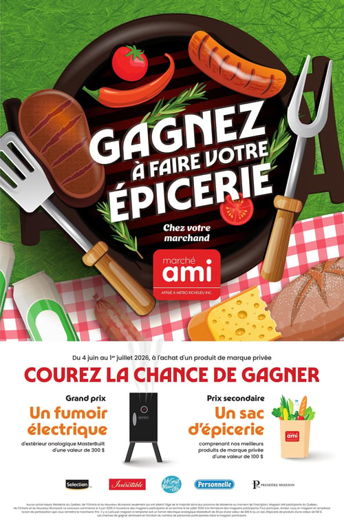 Circulaire Marché AMI - Page 6. La page est dominée par une grande illustration d'un barbecue avec des aliments grillés comme un steak, une saucisse, une tomate et un piment, ainsi que des ustensiles de cuisson. Le texte principal en blanc sur fond noir et rouge indique "GAGNEZ À FAIRE VOTRE ÉPICERIE". En dessous, le logo Marché AMI est affiché. La section inférieure, sur fond blanc, annonce un concours : "Du 4 juin au 1er juillet 2026, à l'achat d'un produit de marque privée, courez la chance de gagner". Le Grand prix est "Un fumoir électrique d'extérieur analogique MasterBuilt d'une valeur de 300 $", illustré par une image du fumoir. Le Prix secondaire est "Un sac d'épicerie comprenant nos meilleurs produits de marque privée d'une valeur de 100 $", illustré par un sac d'épicerie rempli de légumes et de pain. Les marques privées participantes sont affichées en bas : Sélection, Irrésistible, Life Smart Mieux-être, Personnelle et Première Moisson. Le texte légal précise que le concours est ouvert aux résidents du Québec, de l'Ontario et du Nouveau-Brunswick, avec 2 prix par magasin à remporter.