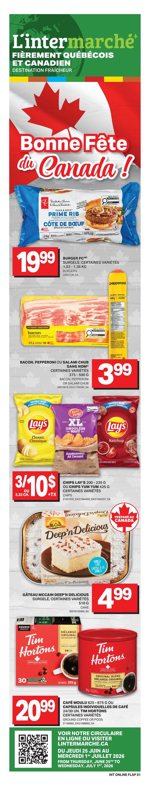 Circulaire L’intermarché - Page 2. La page est intitulée "C'est le jour du déménagement!". On y trouve les offres suivantes : les saucisses fumées Lafleur, certaines variétés, 450 g, pour 3,99 $. Les salades Massibec, certaines variétés, 454 g, pour 2,99 $. Les boissons Minute Maid, Peace Tea ou Fruitopia, certaines variétés, 1,54 L ou 1,75 L (consigne), pour 2,99 $ + taxes. L'eau de source naturelle PC, 24 x 500 ml, ou les aromatisants d'eau Mio, Crystal Léger, Tang, Country Time ou Kool-Aid, 48 ml, certaines variétés (consigne), pour 3,49 $ + taxes. Enfin, l'essuie-tout Royale Tiger, certaines variétés, 2/3 = 6 rouleaux, pour 9,49 $ + taxes.