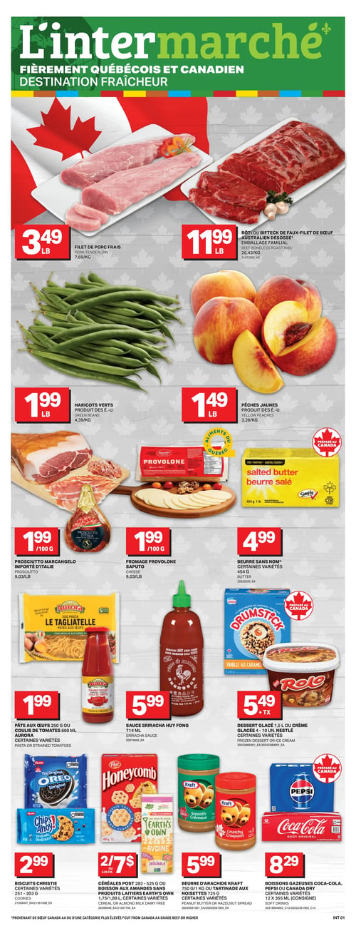 Circulaire L’intermarché - Page 1. La page met en vedette une bannière "Bonne Fête du Canada!" sur fond de drapeau canadien. Parmi les offres, on trouve le burger PC surgelé, certaines variétés, de 1,02 à 1,36 kg à 19,99 $. Le bacon, pepperoni ou salami chub Sans Nom, certaines variétés, de 375 à 500 g est à 3,99 $. Les chips Lay's de 200 à 235 g ou chips Yum Yum de 425 g, certaines variétés, sont offertes à 3 pour 10 $ ou 3,33 $ chacun. Le gâteau McCain Deep'n Delicious surgelé, certaines variétés, 510 g est à 4,99 $. Le café moulu Tim Hortons de 825 à 875 g ou les capsules individuelles de café 24 ou 30 unités, certaines variétés, sont à 20,99 $. Un code QR en bas de page invite à consulter la circulaire en ligne sur lintermarche.ca, valide du jeudi 25 juin au mercredi 1er juillet 2026.
