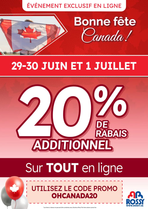 Circulaire Rossy - Page 4. La page annonce un événement exclusif en ligne pour la Fête du Canada, illustré par une personne tenant un drapeau canadien. Le titre "Bonne fête Canada !" est affiché. L'offre est valide du 29 au 30 juin et le 1er juillet. Un rabais additionnel de 20 % est offert sur tout achat en ligne. Pour en bénéficier, il faut utiliser le code promo OHCANADA20. Une petite note en bas de page indique que les articles ci-dessus ne peuvent être combinés avec d'autres offres.