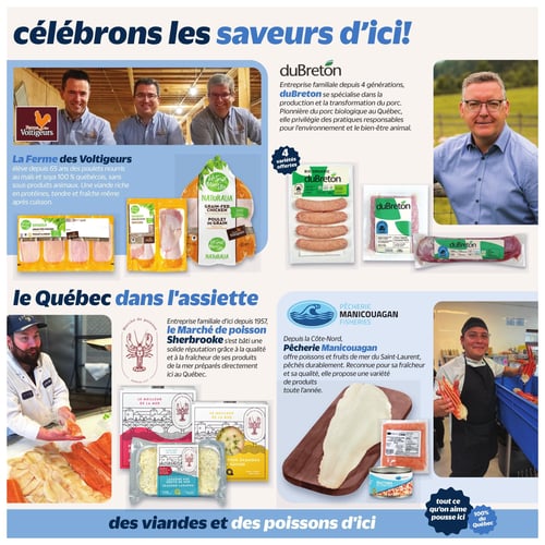 Circulaire Metro - Page 3. Cette page met en vedette les saveurs d'ici et les produits du Québec. En haut, la Ferme des Voltigeurs propose du poulet de grain 100 % québécois, incluant des poulets entiers, des découpes et du poulet haché. À côté, duBreton, une entreprise familiale, présente ses produits de porc biologique, comme des saucisses, du porc haché et du filet de porc. La section inférieure, "le Québec dans l'assiette", met en lumière le Marché de poisson Sherbrooke avec sa lasagne aux fruits de mer, sa quiche aux deux saumons et son saumon frais. Enfin, la Pêcherie Manicouagan de la Côte-Nord offre des poissons et fruits de mer pêchés durablement, incluant des filets de poisson, de la chair de crabe et des mactres.