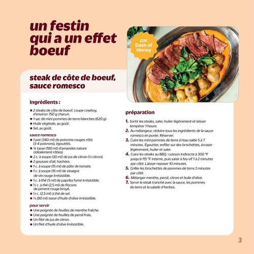 Metro - Page 3. Cette page est dédiée à une recette intitulée "Un festin qui a un effet boeuf : steak de côte de boeuf, sauce romesco", proposée par Dash of Honey. L'image principale montre un plat de steak de côte de boeuf tranché, nappé d'une sauce romesco orangée, accompagné de petites pommes de terre rôties et garni d'herbes fraîches. La page détaille les ingrédients requis pour le plat et la sauce, ainsi que les sept étapes de préparation.