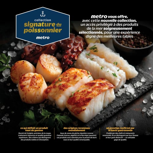Circulaire Metro - Page 4. La page met en vedette la "collection signature du poissonnier" de Metro. Une grande photo présente un assortiment de fruits de mer et de poissons sur une ardoise foncée avec de la glace et des épices. On y voit des pétoncles poêlés, des filets de poisson blanc (ressemblant à de la morue ou de l'aiglefin) et des tentacules de pie. Metro offre cette nouvelle collection comme un accès privilégié à des produits de la mer soigneusement sélectionnés pour une expérience digne des meilleures tables. Le texte décrit ces produits comme haut de gamme, issus d'origines mondiales reconnues comme l'Islande (morue, aiglefin) et la Norvège (saumon), et dont le prestige est confirmé par la haute gastronomie pour leur finesse et leur goût distinctif.