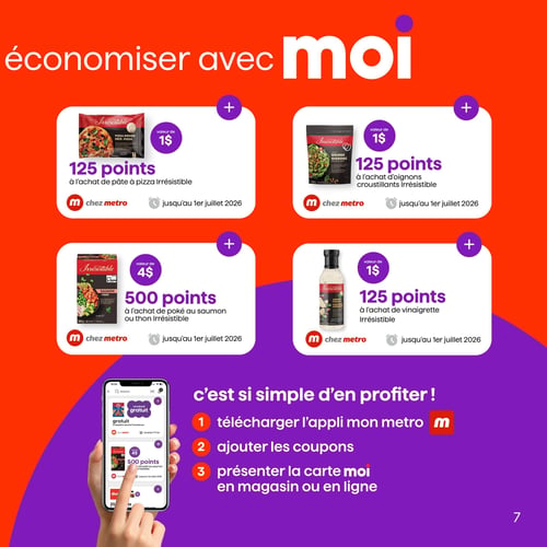 Circulaire Metro - Page 7. La page présente des offres de points sur des produits de la marque Irrésistible. En haut à gauche, obtenez 125 points à l'achat de pâte à pizza Irrésistible, d'une valeur de 1 $. En haut à droite, 125 points à l'achat d'oignons croustillants Irrésistible, d'une valeur de 1 $. En bas à gauche, 500 points à l'achat de poké au saumon ou au thon Irrésistible, d'une valeur de 4 $. En bas à droite, 125 points à l'achat de vinaigrette Irrésistible, d'une valeur de 1 $. Toutes ces offres sont valides jusqu'au 1er juillet 2026. La partie inférieure de la page promeut l'application Mon Metro avec les étapes pour en profiter : 1. Télécharger l'appli Mon Metro, 2. Ajouter les coupons, 3. Présenter la carte Moi en magasin ou en ligne. Une image montre une main tenant un téléphone affichant l'application.