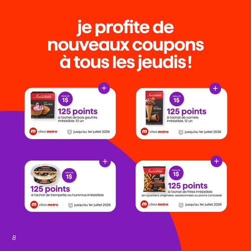 Metro - Page 8. La page est dominée par le titre "Je profite de nouveaux coupons à tous les jeudis!". Quatre offres de points Metro sont présentées, chacune offrant 125 points (valeur de 1 $) et valides jusqu'au 1er juillet 2026. La première offre concerne l'achat de bols gaufrés Irrésistible de 10 unités (199 grammes). La deuxième offre est pour l'achat de cornets sucrés Irrésistible de 12 unités (142 grammes). La troisième offre est pour l'achat de trempette ou hummus Irrésistible. La quatrième offre est pour l'achat de frites Irrésistible (en quartiers, originales, assaisonnées ou poivre concassé).