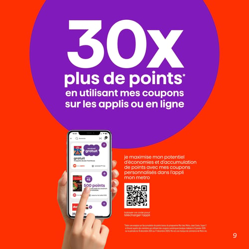 Circulaire Metro - Page 9. La page met en vedette une promotion majeure avec un grand texte blanc sur un fond violet indiquant "30X plus de points* en utilisant mes coupons sur les applis ou en ligne". Au centre, une main tient un téléphone affichant l'application Metro. Sur l'écran du téléphone, on voit des exemples de coupons : un "vendredi gratuit" pour des craquelins de pita TownHouse, une offre de 500 points (valeur de 4 $) pour du poké au saumon Irrésistible valide jusqu'au 1er juillet 2026, et une offre de 25 points pour un hamburger. À droite du téléphone, un texte explique : "je maximise mon potentiel d'économies et d'accumulation de points avec mes coupons personnalisés dans l'appli mon metro". Un code QR est affiché en dessous avec l'instruction "balayer ce code pour télécharger l'appli". Une astérisque renvoie à une note légale en bas de page concernant l'analyse des points bonus.
