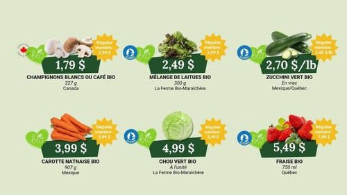 Circulaire Coop Alentour présentant six offres sur des produits biologiques frais. En haut, de gauche à droite : Champignons blancs ou café bio de 227 g du Canada à 1,79 $ (régulier 2,99 $). Mélange de laitues bio de 300 g de La Ferme Bio-Maraîchère à 2,49 $ (régulier 3,99 $). Zucchini vert bio en vrac du Mexique ou Québec à 2,70 $ la livre (régulier 3,40 $ la livre). En bas, de gauche à droite : Carotte natnaise bio de 907 g du Mexique à 3,99 $ (régulier 5,99 $). Chou vert bio à l'unité de La Ferme Bio-Maraîchère à 4,99 $ (régulier 5,49 $). Fraise bio de 750 ml du Québec à 5,49 $ (régulier 7,99 $).