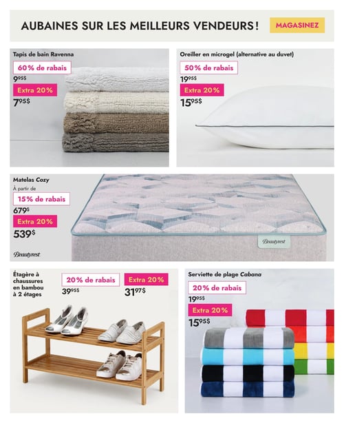 Linen Chest - Page 2. La page est intitulée "Aubaines sur les meilleurs vendeurs!". On y trouve : un tapis de bain Ravenna, affiché à 9,95 $ après 60 % de rabais, bénéficie d'un extra 20 % de rabais pour un prix final de 7,95 $. Un oreiller en microgel (alternative au duvet), affiché à 19,95 $ après 50 % de rabais, est à 15,95 $ avec un extra 20 % de rabais. Le matelas Cozy de Beautyrest, à partir de 679 $ après 15 % de rabais, est disponible à partir de 539 $ avec un extra 20 % de rabais. Une étagère à chaussures en bambou à 2 étages, affichée à 39,95 $ après 20 % de rabais, est à 31,97 $ avec un extra 20 % de rabais. Enfin, une serviette de plage Cabana, affichée à 19,95 $ après 20 % de rabais, est à 15,95 $ avec un extra 20 % de rabais.