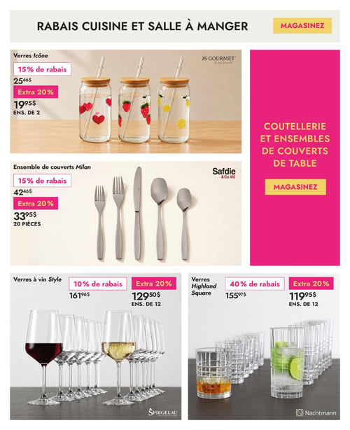 Circulaire Linen Chest - Page 3. La page est dédiée aux rabais pour la cuisine et la salle à manger. En haut à gauche, des verres Icône de JS Gourmet, vendus par ensemble de 2. Initialement à 25,46 $, ils sont offerts avec 15 % de rabais, plus un extra de 20 %, pour un prix final de 19,95 $. En dessous, un ensemble de couverts Milan de Safdie & Co. Inc., comprenant 20 pièces. Le prix original est de 42,46 $, avec 15 % de rabais et un extra de 20 %, le prix est de 33,95 $. En bas à gauche, des verres à vin Style de Spiegelau, par ensemble de 12. Le prix initial est de 161,96 $, avec 10 % de rabais et un extra de 20 %, le prix est de 129,50 $. À droite de ces verres à vin, des verres Highland Square de Nachtmann, par ensemble de 12. Initialement à 155,97 $, ils bénéficient de 40 % de rabais, plus un extra de 20 %, pour un prix final de 119,95 $. La colonne de droite, sur fond rose fuchsia, met en avant la coutellerie et les ensembles de couverts de table, avec un bouton "Magasinez".