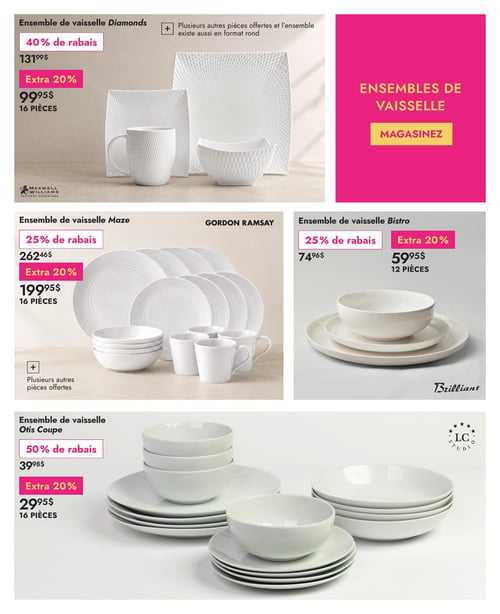 Circulaire Linen Chest - Page 4. La page met en vedette plusieurs ensembles de vaisselle. En haut à gauche, l'ensemble de vaisselle Diamonds de Maxwell & Williams, 16 pièces, est affiché avec 40 % de rabais plus un extra 20 %, passant de 131,99 $ à 99,95 $. Il est précisé que d'autres pièces sont offertes et que l'ensemble existe aussi en format rond. Sur la droite, un encart promotionnel magenta invite à "MAGASINEZ" les "ENSEMBLES DE VAISSELLE". Au centre gauche, l'ensemble de vaisselle Maze de Gordon Ramsay, 16 pièces, est à 199,95 $ après 25 % de rabais et un extra 20 % (prix initial 262,46 $), avec mention de plusieurs autres pièces offertes. Au centre droit, l'ensemble de vaisselle Bistro de Brilliant, 12 pièces, est à 59,95 $ après 25 % de rabais et un extra 20 % (prix initial 74,96 $). Enfin, en bas à gauche, l'ensemble de vaisselle Otis Coupe de LC Studio, 16 pièces, est à 29,95 $ après 50 % de rabais et un extra 20 % (prix initial 39,98 $).