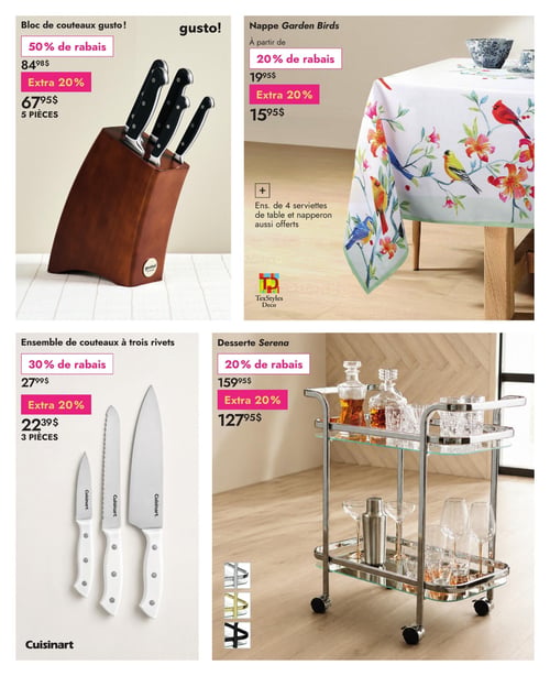 Circulaire Linen Chest - Page 5. La page présente quatre offres distinctes. En haut à gauche, un bloc de couteaux Gusto de 5 pièces, affiché à 84,98 $, bénéficie d'un rabais supplémentaire de 20 %, le ramenant à 67,95 $. En haut à droite, la nappe Garden Birds de TexStyles Deco, à partir de 19,95 $, est offerte avec un rabais additionnel de 20 %, pour un prix à partir de 15,95 $. Un ensemble de 4 serviettes de table et un napperon sont aussi offerts avec l'achat de la nappe. En bas à gauche, un ensemble de couteaux Cuisinart à trois rivets de 3 pièces, à 27,99 $, est réduit de 20 % supplémentaire, pour un prix final de 22,39 $. Enfin, en bas à droite, la desserte Serena, disponible en finis argent, or et noir, affichée à 159,95 $, est proposée avec un rabais additionnel de 20 %, la ramenant à 127,95 $.