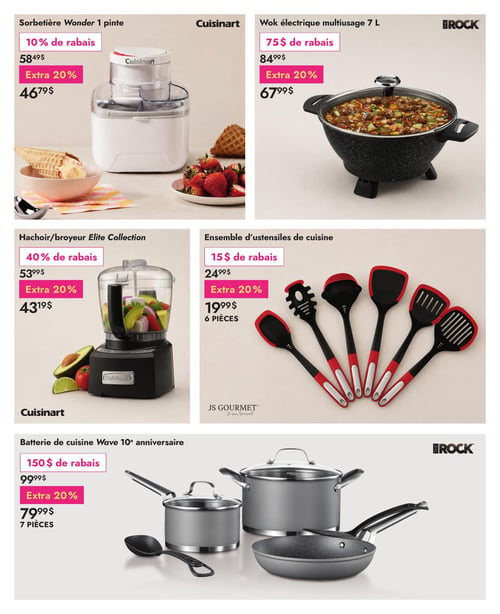 Circulaire Linen Chest - Page 7. La page présente des offres sur des articles de cuisine. En haut à gauche, une sorbetière Wonder Cuisinart de 1 pinte est affichée à 46,79 $, après un rabais de 10 % et un extra 20 % de rabais sur le prix initial de 58,49 $. En haut à droite, un wok électrique multiusage The Rock de 7 litres est à 67,99 $, après un rabais de 75 $ et un extra 20 % de rabais sur le prix initial de 84,99 $. Au centre gauche, un hachoir/broyeur Elite Collection Cuisinart est offert à 43,19 $, après un rabais de 40 % et un extra 20 % de rabais sur le prix initial de 53,99 $. Au centre droit, un ensemble d'ustensiles de cuisine JS Gourmet de 6 pièces est à 19,99 $, après un rabais de 15 $ et un extra 20 % de rabais sur le prix initial de 24,99 $. En bas, une batterie de cuisine Wave 10e anniversaire The Rock de 7 pièces est proposée à 79,99 $, après un rabais de 150 $ et un extra 20 % de rabais sur le prix initial de 99,99 $.