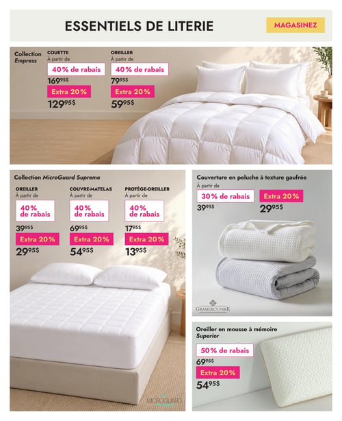 Linen Chest - Page 12. La page est intitulée "ESSENTIELS DE LITERIE". La section supérieure présente la Collection Empress avec une couette et des oreillers blancs. La couette, à partir de 169,95 $, est offerte avec 40 % de rabais, plus un extra 20 %, pour un prix final de 129,95 $. L'oreiller, à partir de 79,95 $, bénéficie également de 40 % de rabais, plus un extra 20 %, pour un prix final de 59,95 $. La section inférieure gauche met en vedette la Collection MicroGuard Supreme. L'oreiller, à partir de 39,95 $, est à 40 % de rabais, plus un extra 20 %, pour un prix final de 29,95 $. Le couvre-matelas, à partir de 69,95 $, est à 40 % de rabais, plus un extra 20 %, pour un prix final de 54,95 $. Le protège-oreiller, à partir de 17,95 $, est à 40 % de rabais, plus un extra 20 %, pour un prix final de 13,95 $. La section inférieure droite propose une couverture en peluche à texture gaufrée de la marque Gramercy Park, à partir de 39,95 $, avec 30 % de rabais, plus un extra 20 %, pour un prix final de 29,95 $. Enfin, un oreiller en mousse à mémoire Supérieur, à partir de 69,95 $, est offert avec 50 % de rabais, plus un extra 20 %, pour un prix final de 54,95 $.