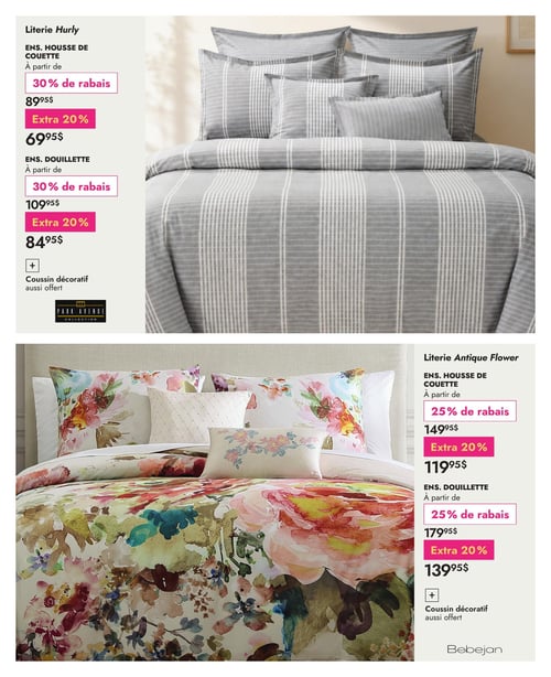 Circulaire Linen Chest - Page 14. La page présente deux ensembles de literie distincts. En haut, la literie Hurly, de la collection Park Avenue, est affichée. L'ensemble housse de couette est à partir de 89,95 $ avec 30 % de rabais, plus un extra de 20 %, pour un prix final de 69,95 $. L'ensemble douillette est à partir de 109,95 $ avec 30 % de rabais, plus un extra de 20 %, pour un prix final de 84,95 $. Un coussin décoratif est aussi offert. En bas, la literie Antique Flower, de la marque Bebejan, est présentée. L'ensemble housse de couette est à partir de 149,95 $ avec 25 % de rabais, plus un extra de 20 %, pour un prix final de 119,95 $. L'ensemble douillette est à partir de 179,95 $ avec 25 % de rabais, plus un extra de 20 %, pour un prix final de 139,95 $. Un coussin décoratif est aussi offert.