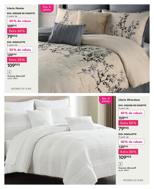 Linen Chest - Page 15. La page présente deux ensembles de literie de 4 pièces, chacun incluant un coussin décoratif offert. Les deux ensembles sont de marque Riverbrook Home. En haut, la literie Hexton est illustrée avec un motif de branches noires et grises sur un fond beige clair. L'ensemble housse de couette est offert à partir de 79,95 $ après 30 % de rabais et un extra 20 % de rabais (prix initial à partir de 109,95 $). L'ensemble douillette est offert à partir de 109,95 $ après 30 % de rabais et un extra 20 % de rabais (prix initial à partir de 139,95 $). En bas, la literie Silverstone est présentée en blanc avec des textures et des rayures subtiles. L'ensemble housse de couette est offert à partir de 79,95 $ après 30 % de rabais et un extra 20 % de rabais (prix initial à partir de 109,95 $). L'ensemble douillette est offert à partir de 109,95 $ après 30 % de rabais et un extra 20 % de rabais (prix initial à partir de 139,95 $).