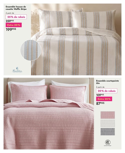 Circulaire Linen Chest - Page 16. La page présente deux ensembles de literie. En haut, l'ensemble housse de couette Waffle Stripe de la collection Castleton, avec un motif à rayures verticales beiges, bleues et marron. Il est offert à partir de 199,95 $ après un rabais de 25 % et un extra de 20 %, le prix original étant de 259,95 $. En bas, l'ensemble courtepointe Gio de Cedar & Rose, de couleur rose pâle avec un motif texturé plissé. Il est disponible à partir de 87,95 $ après un rabais de 20 % et un extra de 20 %, le prix original étant de 109,95 $. Des échantillons de couleurs rose, blanc et gris sont visibles pour la courtepointe.