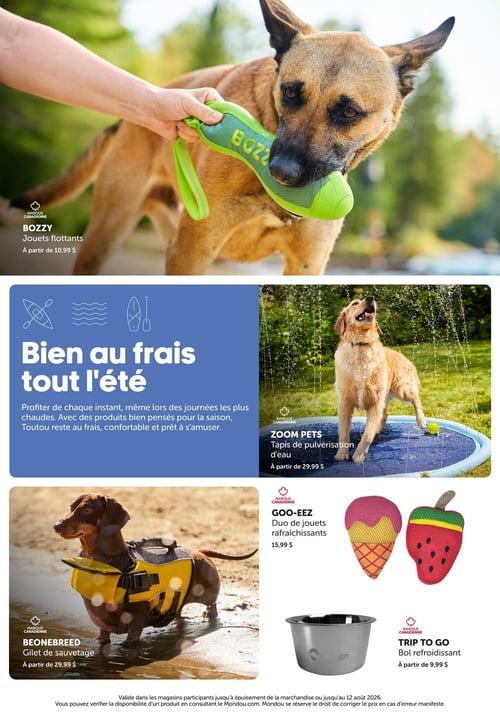 Mondou - Page 8. La page met en vedette des produits pour garder les animaux au frais durant l'été. En haut, un chien brun joue avec un jouet flottant vert de marque BOZZY, disponible à partir de 10,99 $. Au centre, une bannière bleue avec des icônes de kayak, de vagues et de planche à pagaie annonce le thème "Bien au frais tout l'été", invitant à profiter des journées chaudes avec des produits conçus pour le confort et l'amusement des animaux. À droite de la bannière, un golden retriever s'amuse sur un tapis de pulvérisation d'eau ZOOM PETS, offert à partir de 29,99 $. En bas à gauche, un teckel porte un gilet de sauvetage jaune BEONEBREED, également à partir de 29,99 $. En bas à droite, un duo de jouets rafraîchissants GOO-EEZ en forme de cornet de crème glacée et de melon d'eau est présenté à 15,99 $, à côté d'un bol refroidissant TRIP TO GO, disponible à partir de 9,99 $.