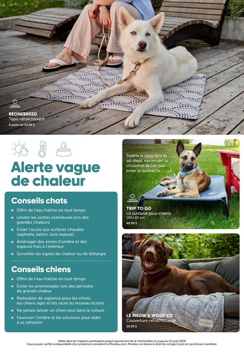 Circulaire Mondou - Page 9. La page présente des produits et des conseils pour les animaux de compagnie durant une vague de chaleur. En haut, un chien blanc aux yeux bleus est allongé sur un tapis rafraîchissant BEONEBREED, disponible à partir de 24,99 $. Au centre gauche, une section "Alerte vague de chaleur" avec des icônes de soleil, thermomètre et gamelle d'eau, offre des conseils pour les chats (eau fraîche, limiter sorties, éviter surfaces chaudes, zones d'ombre, surveillance des signes de chaleur) et pour les chiens (eau fraîche, éviter promenades, vigilance accrue pour chiots/chiens âgés/races au museau écrasé, ne pas laisser seul en voiture, favoriser l'ombre). Au centre droit, un chien marron clair est couché sur un lit surélevé TRIP TO GO de 130 x 69 cm, vendu à 49,99 $, qui aide à la circulation de l'air pour éviter la surchauffe. En bas à droite, un chien Labrador chocolat est allongé sur une couverture rafraîchissante LE MEOW & WOOF CO, offerte à 29,99 $.