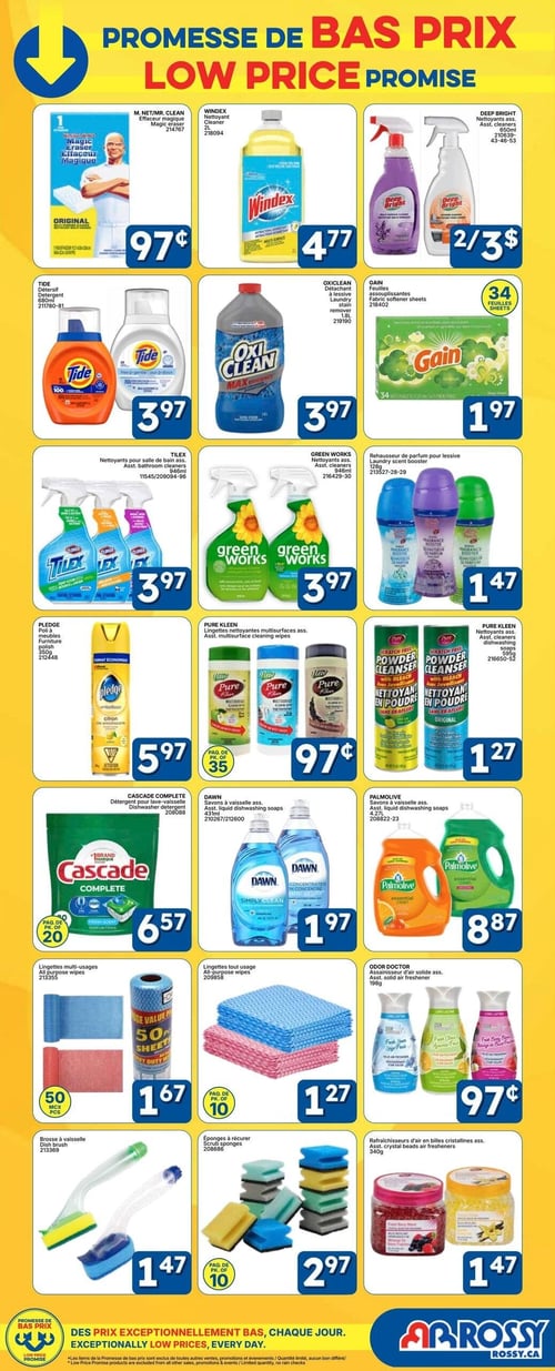 Circulaire Rossy - Page 2. La page présente une variété de produits d'entretien ménager. On y trouve l'effaceur magique M. Net à 0,97 $, le nettoyant Windex de 2 L à 4,77 $, et les nettoyants Deep Bright de 650 ml, offerts à 2 pour 3,00 $. Le détergent Tide de 680 ml est à 3,97 $, le détachant à lessive Oxiclean de 1,8 L à 3,97 $, et les feuilles assouplissantes Gain de 34 feuilles à 1,97 $. Les nettoyants pour salle de bain Tilex de 946 ml sont à 3,97 $, tout comme les nettoyants Green Works de 946 ml. Un rehausseur de parfum pour lessive de 128 g est à 1,47 $. Le poli à meubles Pledge de 350 g est à 5,97 $. Les lingettes nettoyantes multisurfaces Pure Kleen, paquet de 35, sont à 0,97 $, et les nettoyants en poudre Pure Kleen avec javellisant de 595 g sont à 1,27 $. Le détergent pour lave-vaisselle Cascade Complete, paquet de 20, est à 6,57 $. Les savons à vaisselle Dawn de 431 ml sont à 1,97 $, et les savons à vaisselle Palmolive de 828 ml sont à 8,87 $. Des lingettes multi-usages en rouleau de 50 feuilles sont à 1,67 $, et des lingettes tout usage en paquet de 10 sont à 1,27 $. L'assainisseur d'air solide Odor Doctor de 198 g est à 0,97 $. Une brosse à vaisselle est à 1,47 $, des éponges à récurer en paquet de 10 sont à 2,97 $, et des rafraîchisseurs d'air en billes cristallines de 340 g sont à 1,47 $.
