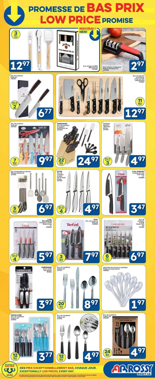 Circulaire Rossy - Page 6. La page présente une variété d'articles de cuisine et de coutellerie. En haut, un ensemble de 3 outils à barbecue Jim Beam est à 12,97 $. À côté, un ensemble couteau et aiguiseur est à 2,97 $. Ensuite, un ensemble de 11 couteaux avec planche à découper est à 12,97 $. La deuxième rangée propose un ensemble de 7 couteaux à 9,97 $. Un ensemble de 22 couteaux Farberware avec support est à 24,97 $. Un ensemble de 3 couteaux japonais 5five est à 4,97 $. La troisième rangée inclut un ensemble de 5 ustensiles en silicone à 6,97 $. Un ensemble de 4 couteaux à steak Oster est à 4,97 $. Un couteau de chef T-Fal Comfort de 6 pouces est à 3,47 $. La quatrième rangée offre un ensemble de 4 couteaux à steak T-Fal Millennium de 5 pouces à 5,97 $. Un ensemble de 3 couteaux T-Fal est à 7,97 $. Un ensemble de 6 couteaux à steak Cooking Light est à 6,97 $. La cinquième rangée présente un ouvre-boîte Farberware à 3,97 $. Un ensemble de 20 pièces de coutellerie est à 8,97 $. Des ustensiles de service en plastique sont à 1,97 $. Enfin, la dernière rangée montre un ensemble de 12 pièces de coutellerie Gibson Home à 3,77 $. Un autre ensemble de 12 pièces de coutellerie est à 4,97 $. Et un ensemble de 24 pièces de coutellerie est à 4,97 $.