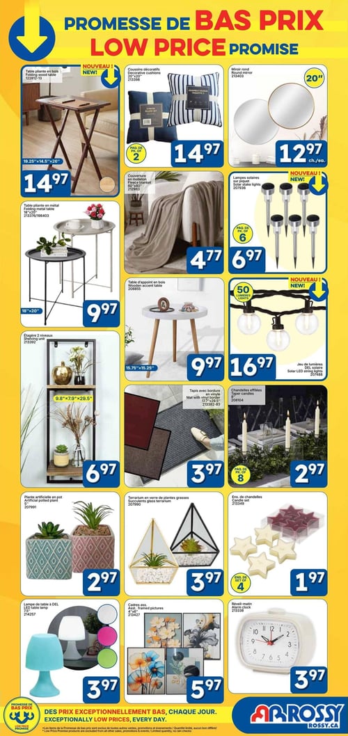Circulaire Rossy - Page 8. La page met en avant une "Promesse de bas prix" avec plusieurs articles pour la maison. On y trouve une table pliante en bois de 19,25"x14,5"x26" à 14,97 $, des coussins décoratifs de 20"x20" en paquet de 2 à 14,97 $, et un miroir rond de 20" à 12,97 $ chacun. Une couverture en molleton de 60"x80" est offerte à 4,77 $. Pour l'extérieur, des lampes solaires sur piquet sont disponibles en paquet de 6 à 6,97 $, et un jeu de 50 lumières DEL solaires à 16,97 $. Des tables pliantes en métal de 18"x20" sont à 9,97 $, ainsi qu'une table d'appoint en bois de 15,75"x15,25" à 9,97 $. Une étagère à 2 niveaux de 9,8"x7,9"x29,5" est à 6,97 $. Pour la décoration, des plantes artificielles en pot sont à 2,97 $, des terrariums en verre pour plantes grasses à 3,97 $, et des cadres assortis de 4"x6" à 5,97 $. Des tapis avec bordure en vinyle de 17,7"x29,5" sont à 3,97 $. L'éclairage est représenté par une lampe de table à DEL de diverses couleurs à 3,97 $. Enfin, des chandelles effilées en paquet de 8 sont à 2,97 $, un ensemble de chandelles en forme d'étoile en paquet de 4 à 1,97 $, et un réveil-matin à 3,97 $.