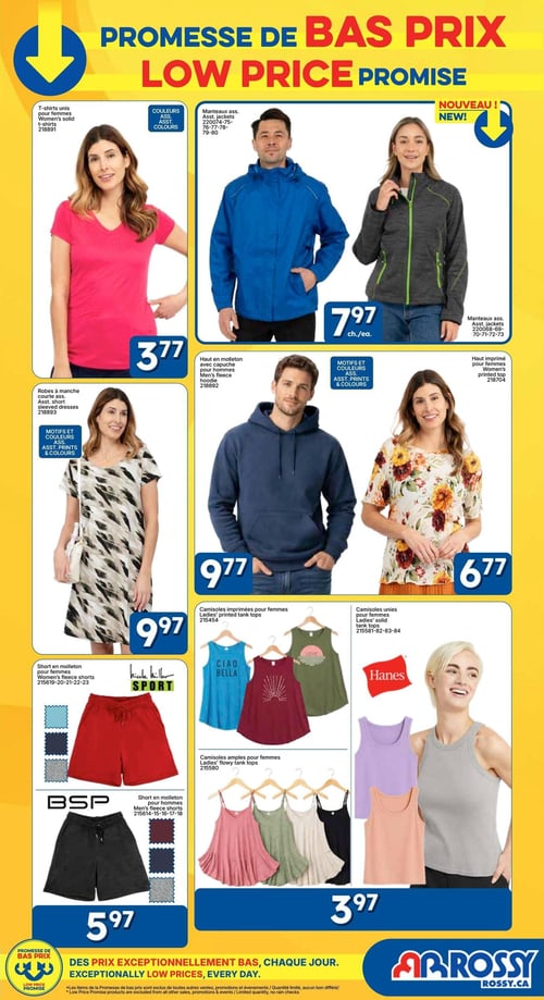 Circulaire Rossy - Page 9. La page présente une variété de vêtements pour hommes et femmes. En haut à gauche, des t-shirts unis pour femmes sont offerts à 3,77 $, disponibles en plusieurs couleurs. À droite, des manteaux assortis pour hommes et femmes, dont un bleu et un gris avec des accents vert lime, sont NOUVEAUX et coûtent 7,97 $ chacun. Au centre, des robes à manche courte avec motifs assortis sont à 9,97 $. Un haut en molleton à capuche pour hommes est à 9,77 $. Un haut imprimé floral pour femmes est à 6,77 $. En bas à gauche, des shorts en molleton pour femmes de marque Nicole Miller Sport et des shorts en molleton pour hommes de marque BSP, tous deux disponibles en plusieurs couleurs, sont à 5,97 $. En bas à droite, une sélection de camisoles pour femmes est proposée à 3,97 $. Cela inclut des camisoles imprimées (avec des motifs comme "Ciao Bella"), des camisoles unies de marque Hanes (en mauve, pêche et gris), et des camisoles amples (en rose, vert pâle, crème et noir).