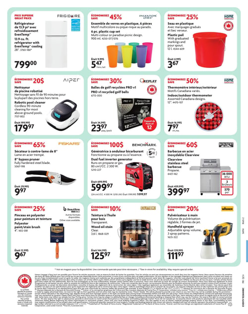 Circulaire Home Hardware - Page 2. La page présente une variété de produits pour la maison et le jardin. En haut, un réfrigérateur Frigidaire de 13,9 pi³ avec refroidissement EvenTemp est offert à 799,00 $. À côté, un ensemble de 6 verres en plastique Phantom Chef, motif multicolore ou pique-nique de 900 ml, est à 5,47 $ l'ensemble, économisez 45 %. Un seau en plastique Home Essentials de 12 litres avec marquages gradués et bec verseur est à 3,67 $, économisez 25 %. Plus bas, un nettoyeur de piscine robotisé Aiper pour piscines hors terre, offrant 90 minutes de nettoyage sans fil, est à 179,97 $, économisez 20 $. Des balles de golf recyclées Replay PRO V1 sont disponibles en paquet de 12 pour 23,97 $ le paquet, économisez 30 %. Un thermomètre intérieur/extérieur Home Essentials de 12 pouces avec motifs Canadiana variés est à 7,97 $ chacun, économisez 50 %. Ensuite, un sécateur à contre-lame Fiskars de 8 pouces avec lame en acier trempé est à 9,97 $, économisez 65 %. Une génératrice à onduleur bicaburant Benchmark de 80 cm³ et 2 300 W, fonctionnant au propane ou à l'essence, est à 599,97 $, économisez 100 $, avec une garantie de 5 ans. Un modèle de 224 cm³ et 4 500 W est aussi disponible à 1099,97 $. Un barbecue en acier inoxydable Monument Grills Clearview au propane, 36 000 BTU, 3 brûleurs et 570 po², est à 399,97 $, économisez 60 $. Enfin, un pinceau en polyester Beautifone de 4 pouces pour peinture et teinture est à 9,67 $, économisez 25 %, d'autres formats sont disponibles. Une teinture à l'huile Cutek pour bois transparente de 3,6 litres est à 125,97 $, économisez 10 %. Un pulvérisateur à main Wagner avec volume de pulvérisation réglable et 3 formes de jet est à 111,97 $, économisez 20 %.