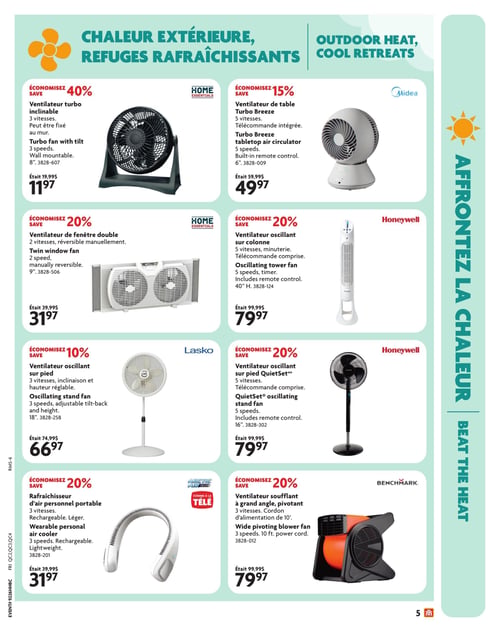 Circulaire Home Hardware - Page 6. Cette page, intitulée "Chaleur extérieure, refuges rafraîchissants", présente une sélection de ventilateurs et rafraîchisseurs d'air. En haut à gauche, un ventilateur turbo inclinable de 8 po, à 3 vitesses et mural, est offert à 11,97 $ (anciennement 19,99 $), soit 40 % de rabais. À sa droite, un ventilateur de table Midea Turbo Breeze de 6 po, avec 5 vitesses et télécommande intégrée, est à 49,97 $ (anciennement 59,99 $), une économie de 15 %. Au centre gauche, un ventilateur de fenêtre double Home Essentials de 9 po, à 2 vitesses et réversible manuellement, est disponible pour 31,97 $ (anciennement 39,99 $), soit 20 % de rabais. À sa droite, un ventilateur oscillant sur colonne Honeywell de 40 po de hauteur, avec 5 vitesses, minuterie et télécommande, est à 79,97 $ (anciennement 99,99 $), une économie de 20 %. Plus bas à gauche, un ventilateur oscillant sur pied Lasko de 18 po, à 3 vitesses, avec inclinaison et hauteur réglable, est vendu 66,97 $ (anciennement 74,99 $), soit 10 % de rabais. À sa droite, un ventilateur oscillant sur pied Honeywell QuietSet de 16 po, à 5 vitesses et avec télécommande, est à 79,97 $ (anciennement 99,99 $), une économie de 20 %. Enfin, en bas à gauche, un rafraîchisseur d'air personnel portable Arctic Air Freedom, rechargeable, léger et à 3 vitesses, est à 31,97 $ (anciennement 39,99 $), soit 20 % de rabais. À sa droite, un ventilateur soufflant Benchmark à grand angle et pivotant, avec 3 vitesses et un cordon d'alimentation de 10 pieds, est offert à 79,97 $ (anciennement 99,99 $), une économie de 20 %.